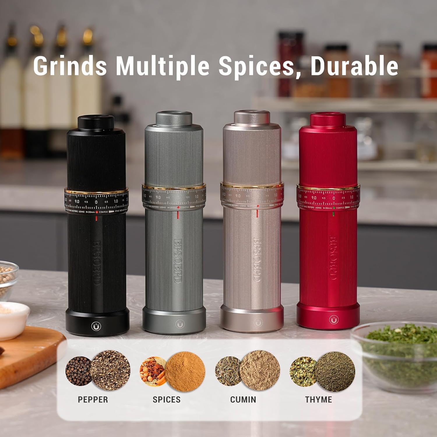 Heavy Duty Metal Pepper Mill, Silver Gray | Refillable High Output Stainless Steel Pepper Grinder with Adjustable Coarseness Via External Dial & Magnetic Bottom Cover, Top Lock Button for Home