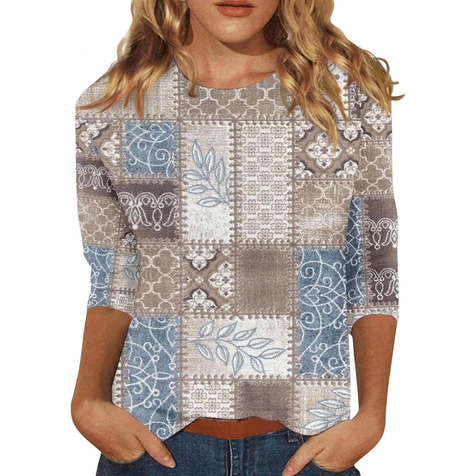 JYJXFD Blusa de manga 3/4 para mujer, talla grande, vintage, estampado floral, casual, holgada, cuello redondo, túnica