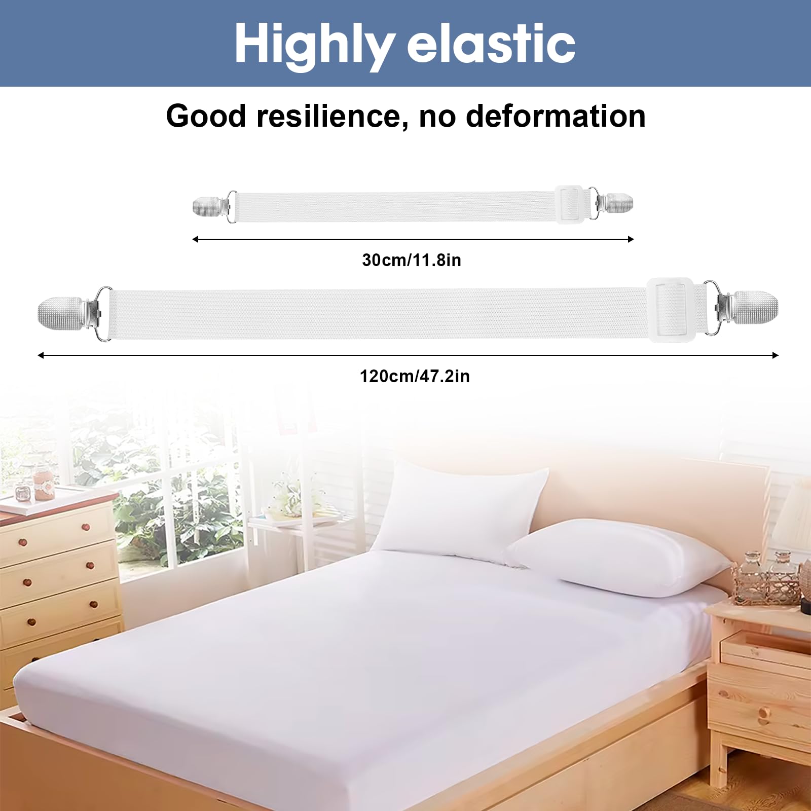 Carehabi 8 Piezas Sujetadores para Sábanas, Sujetadores de Hojas, Ajustables Elásticos Correas Cama Clips para Sábanas o Sofás, Blanco (Extender 30-120 cm)