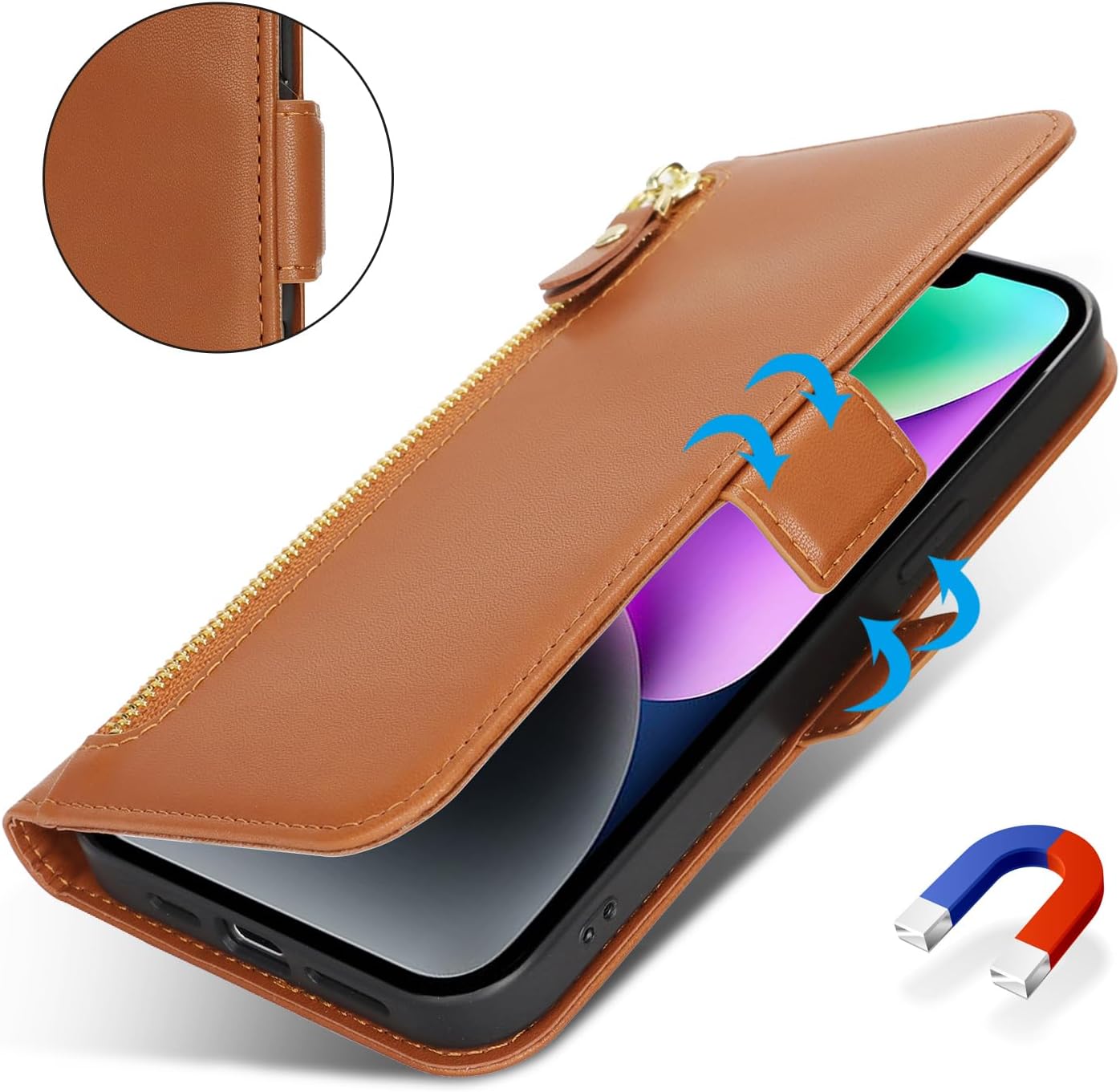 Ｈａｖａｙａ for iPhone 13 case with Card Holder Zipper for Women Men iPhone 14 case Wallet Flip Folio Credit Card Slots Stand Shockproof PU Leather Phone Cover(6.1")-Brown