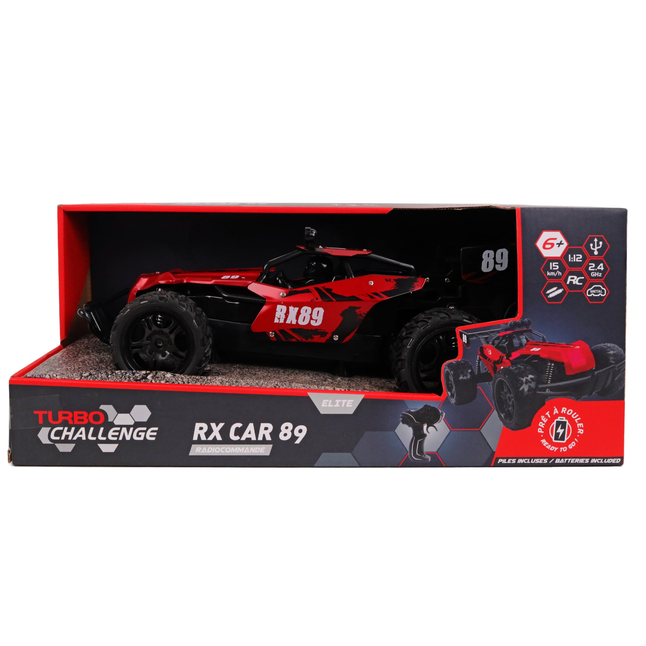 TURBO CHALLENGE - Coche RX 89 - Fundido a presión - 093721 - Coche teledirigido - Rojo - 1/12 - Listo para Usar - Batería Recargable y Pilas Incluidas - Metal - A Partir de 6 años
