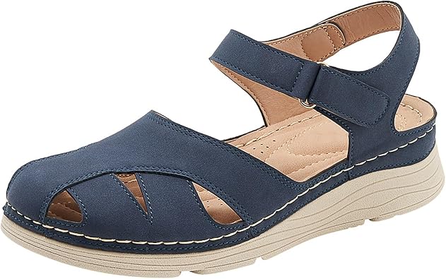Womens Sandals Closed Toe Wide Fit Orthopedic Sandal Casual Non Slip Wedge Shoes Comfortable Arch Support Fastening Slip on Walking Sandal Outdoor Holiday Beach Summer Sandals Size 4-7.5