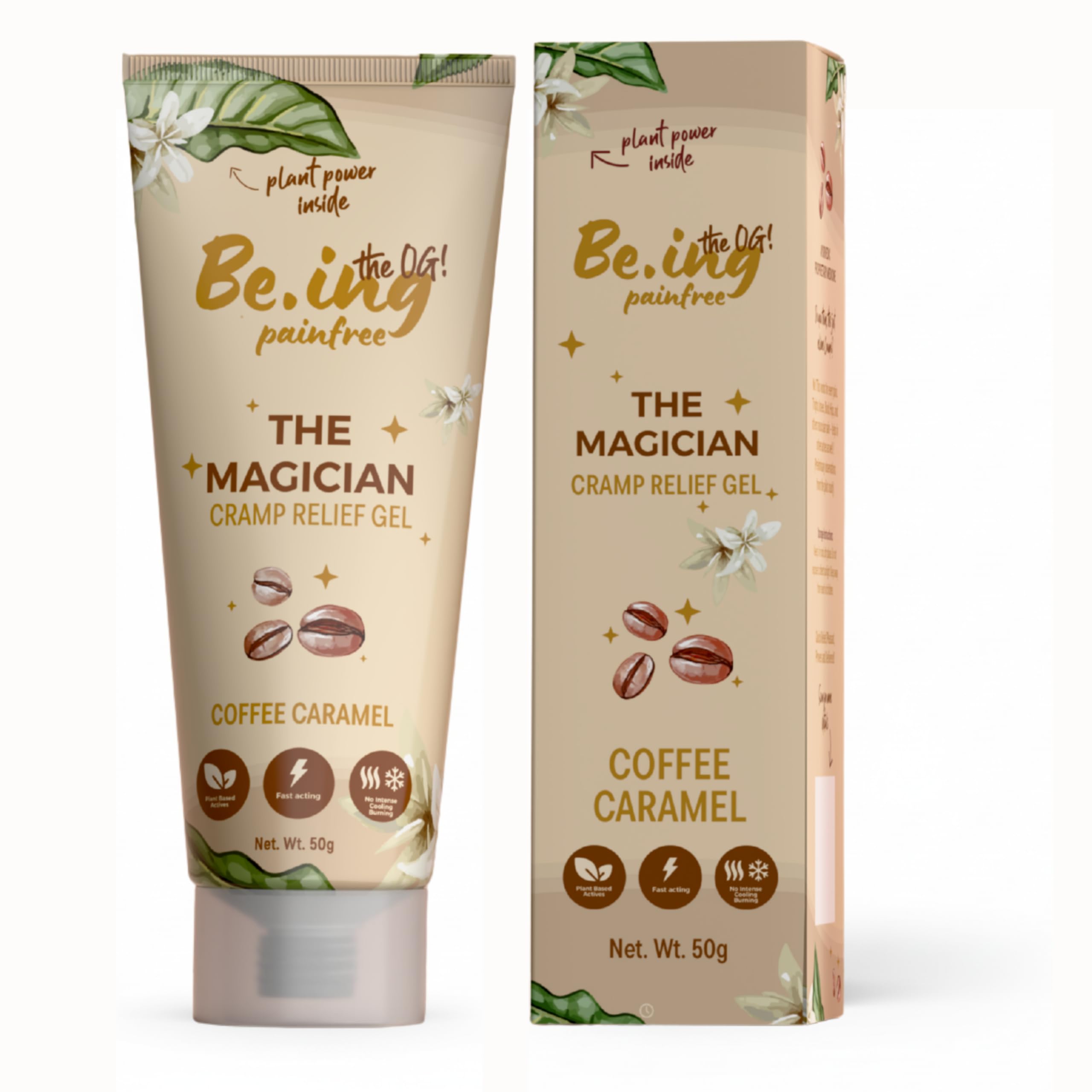 Be.ing painfree THE MAGICIAN Cramp Relief Gel -50gm| Starting 15 Seconds| 100% Plant Actives| 100% Safe| Zero Irritation| No Burns| For Cramps, Back, Legs and All Muscular Pains| Coffee Caramel