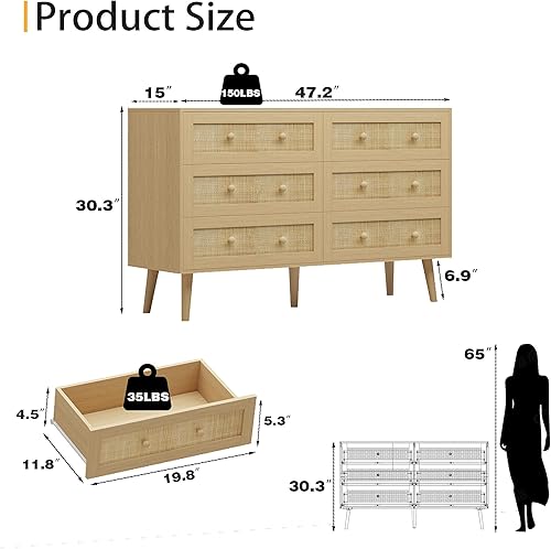 Miniatura 2 de Cómoda para Dormitorio con 6 Cajones, Cómoda Natural de Ratán, Cómoda Doble de Madera Ancha, Mueble de Almacenamiento de TV de Madera, Organizador