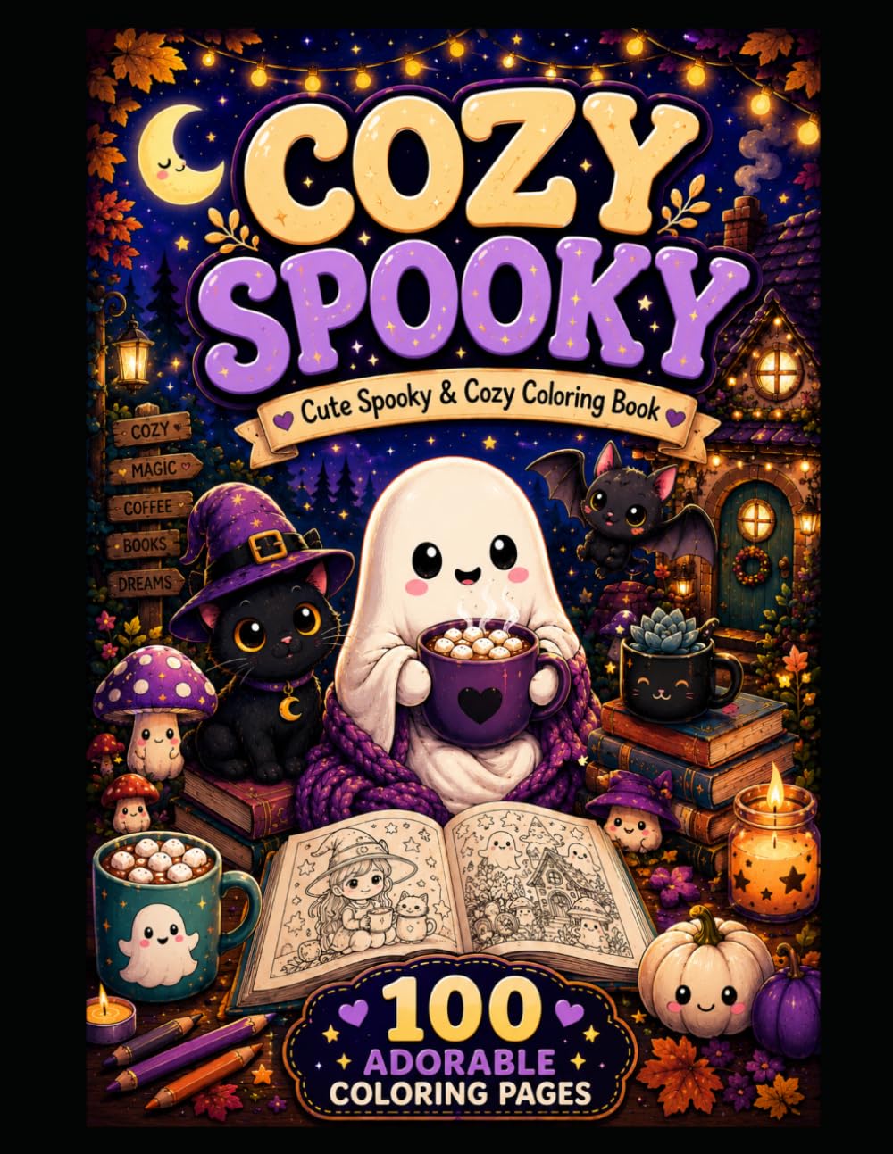 Cozy Spooky: A Cute & Cozy Coloring Book for Adults and Teens Featuring Adorable Spooky Characters in Hygge Halloween Moments for Relaxation and Stress Relief
