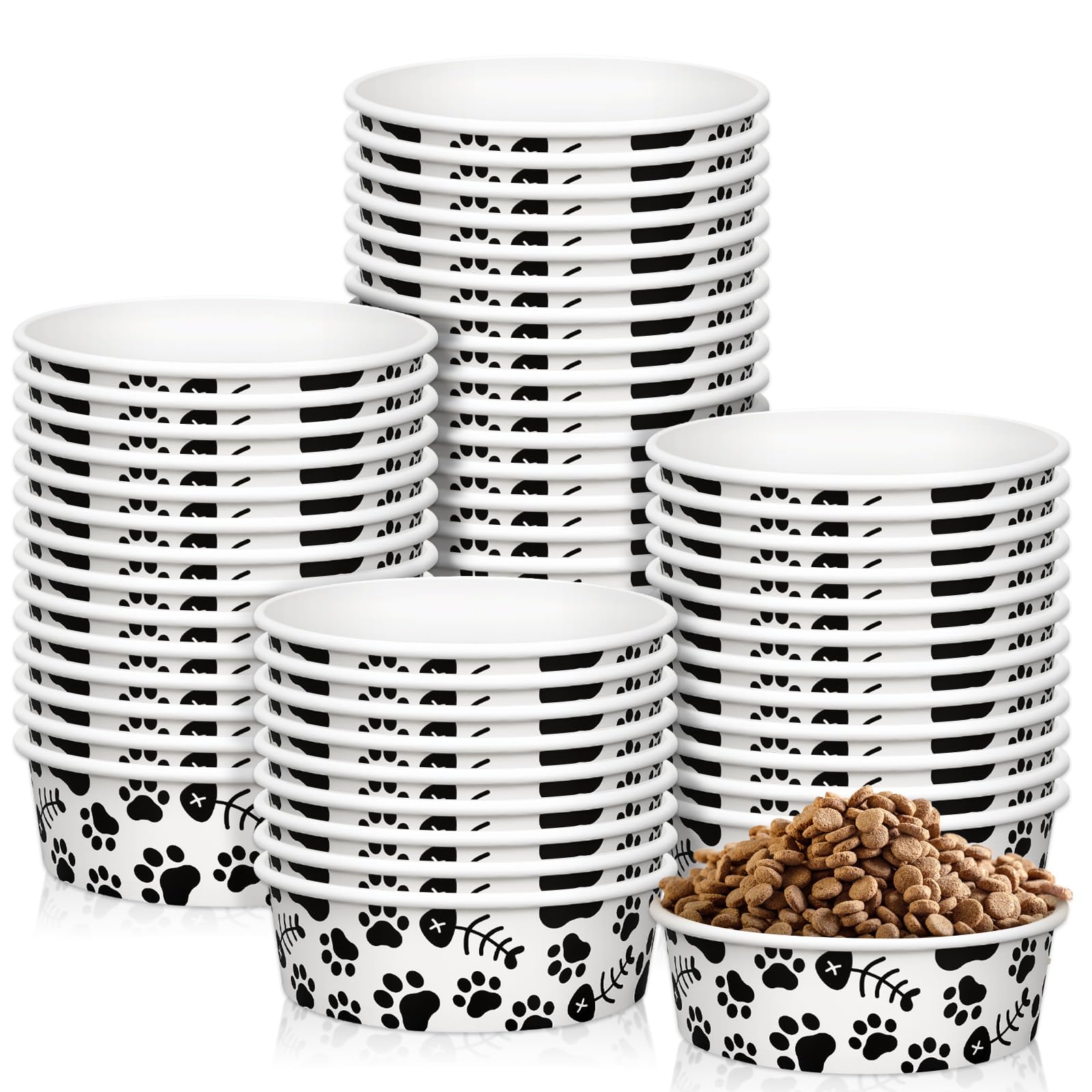 Whaline 50Pcs Pet Disposable Feeding Bowl Black White Paper Cat Food Bowl Small Dish 16oz 2 Cup Cute Print Dog Serving Food Tray for Kitten Travel Wet