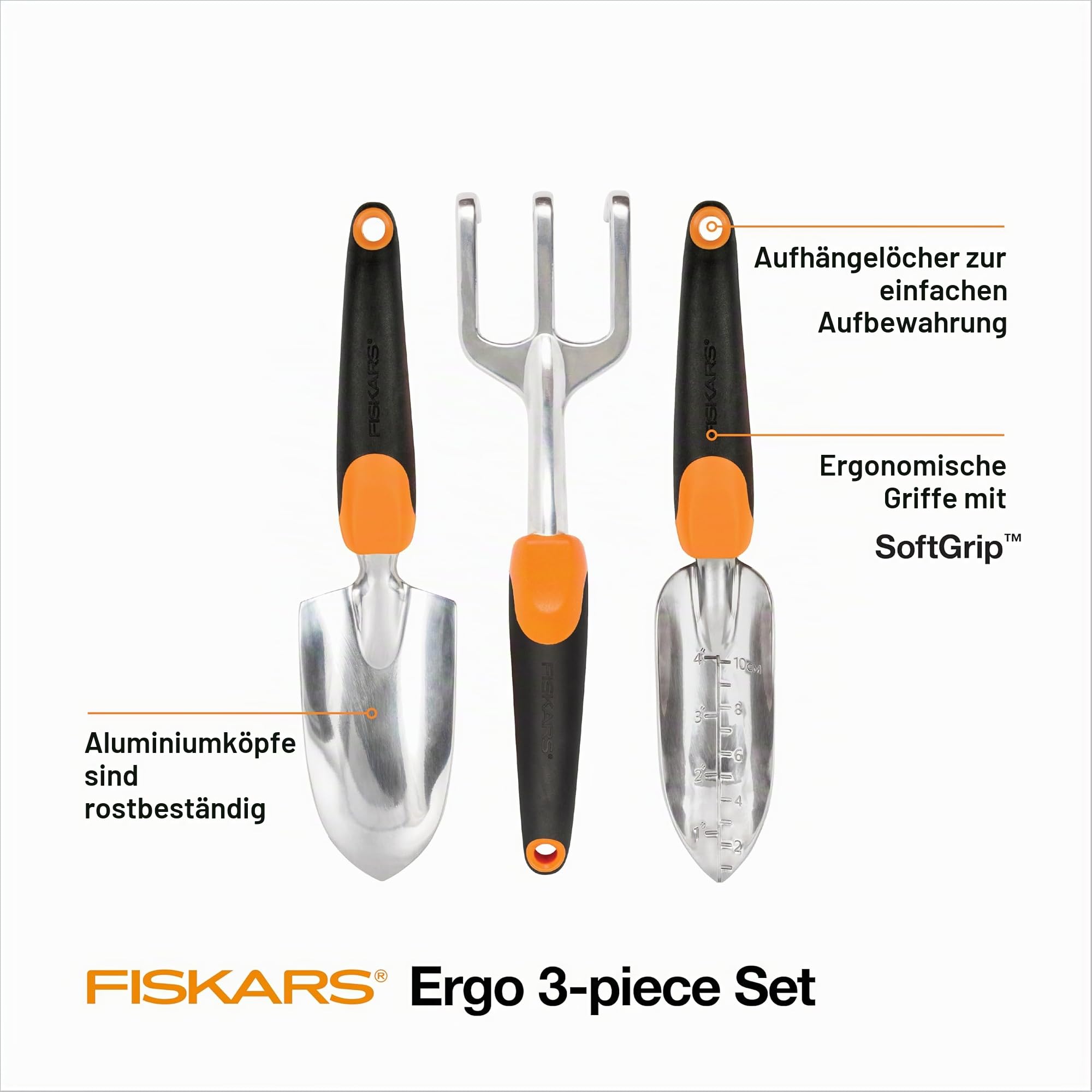 Fiskars Gartenwerkzeug-Set, 3 Stück, inklusive rostbeständiger Kelle, Pflanzgefäß und Kultivator, Gartengeräte für die Bepflanzung im Freien, ergonomisches Hofwerkzeug-Set – Gartengeschenke für Frauen
