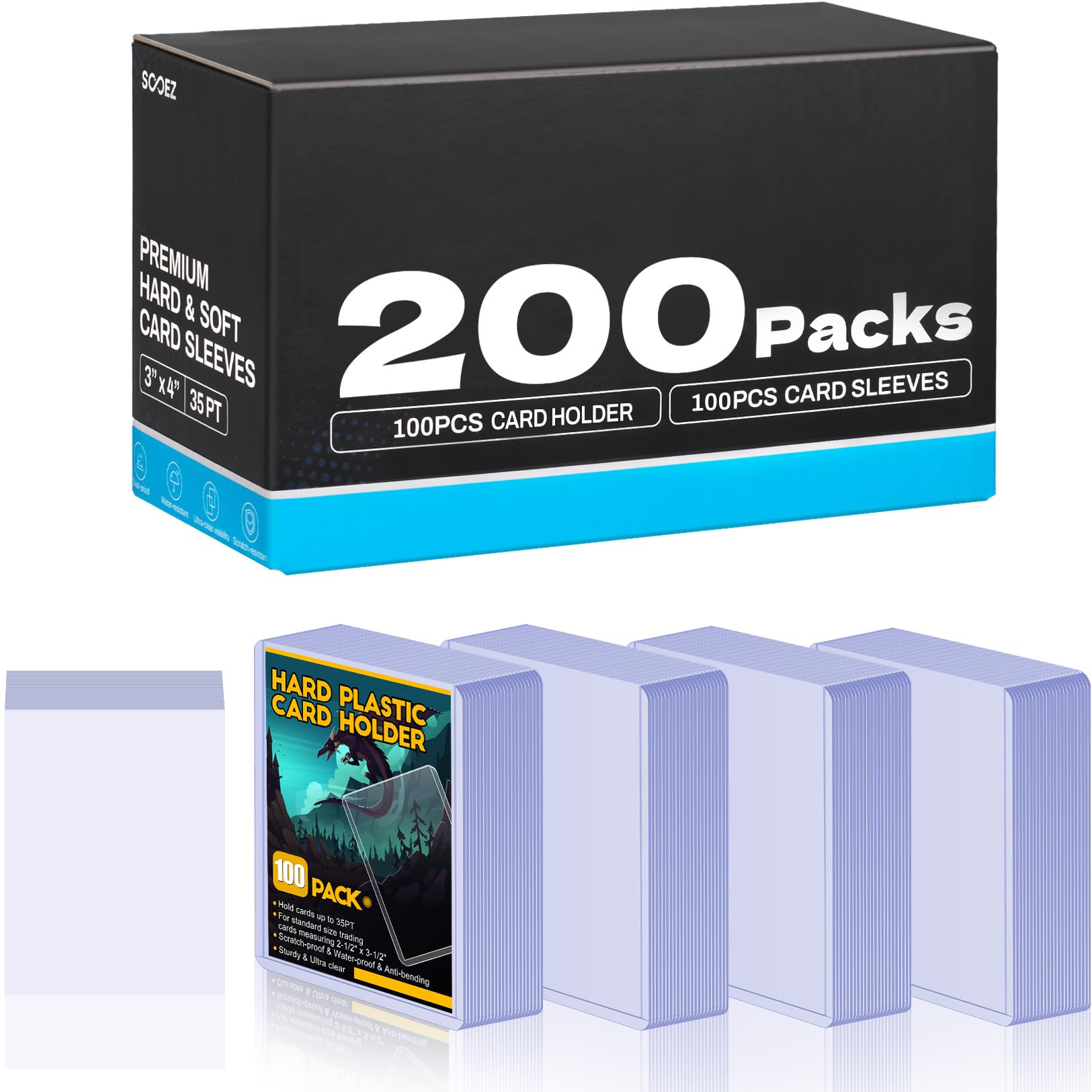 Sooez 100 Soft Card Sleeves&amp;100 Hard Plastic Card Holder Combo, 35PT, 3"x4"