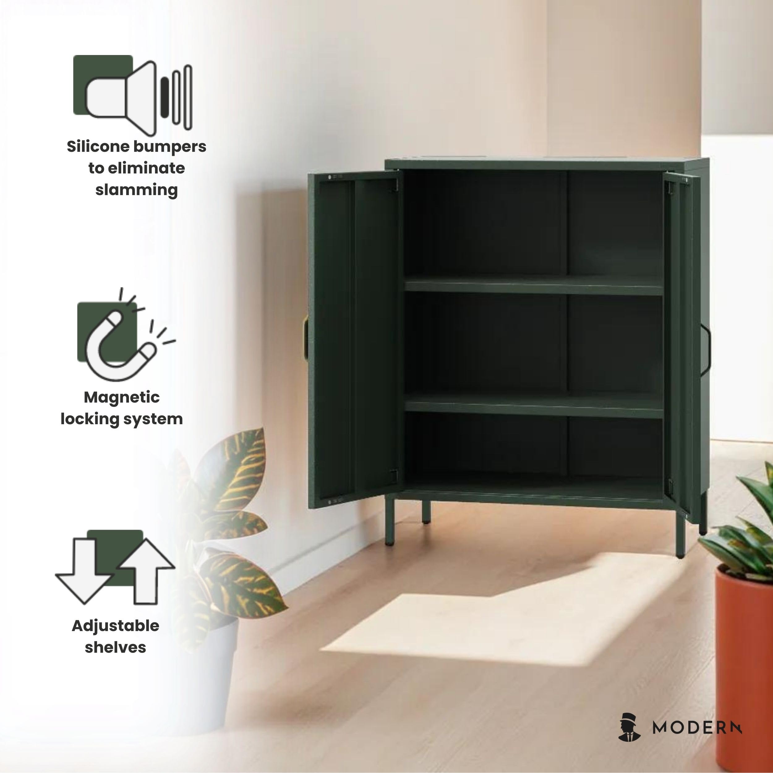 Jan Nowak Sideboard aus Metall, Kommode Glitzernd mit Doppeltür - VITO | Magnetverschluss, Verstellbare Einlegeböden | Highboard Wohnzimmer, Flur, Industriedesign | 80 x 101,5 x 40 cm | Flaschengrün