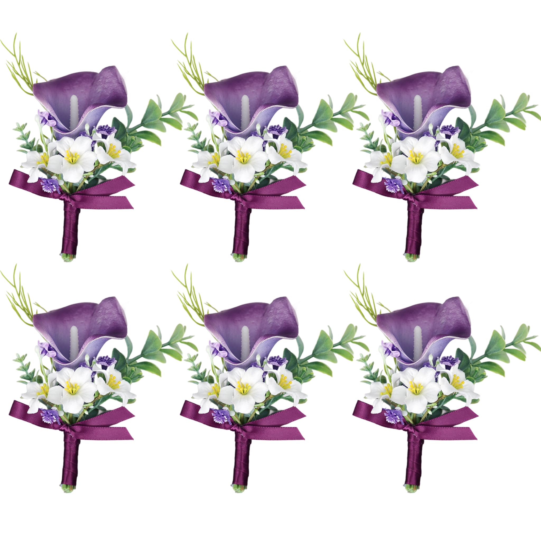 Calla Lily Boutonniere, 6pcs Real Touch Artificial Flowers, Purple