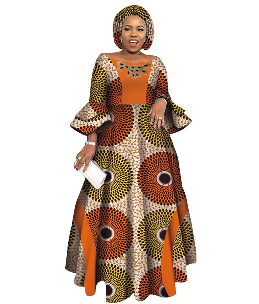 iooiooi Womens African Print Party Maxi Dress Tradition Dashiki Ankara Long Dress & Headwrap