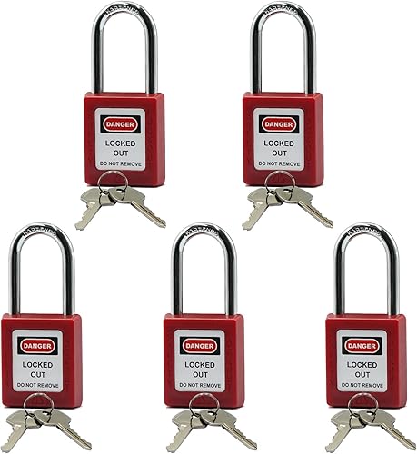 5 candado de seguridad compatible con OSHA, con llave diferente, 2 llaves por cerradura, grillete de acero, cilindro de bloqueo de aleación de zinc