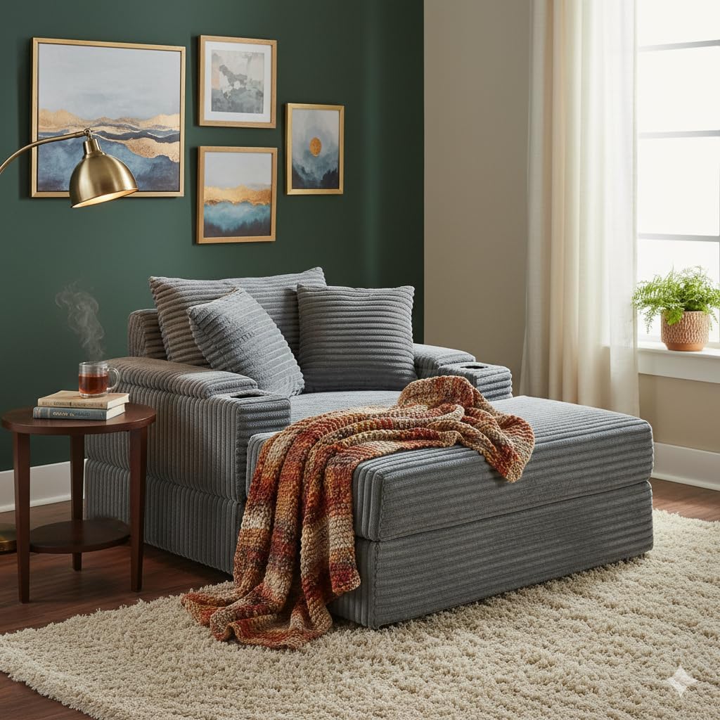 Oversized Indoor Lounge Chaise Chair with Ottoman, Wide Corduroy Upholstered Sofa Chaise Pocket Spring Cushion, Cozy Living Room Chair with Storage Armrest & Cupholders (Grey)