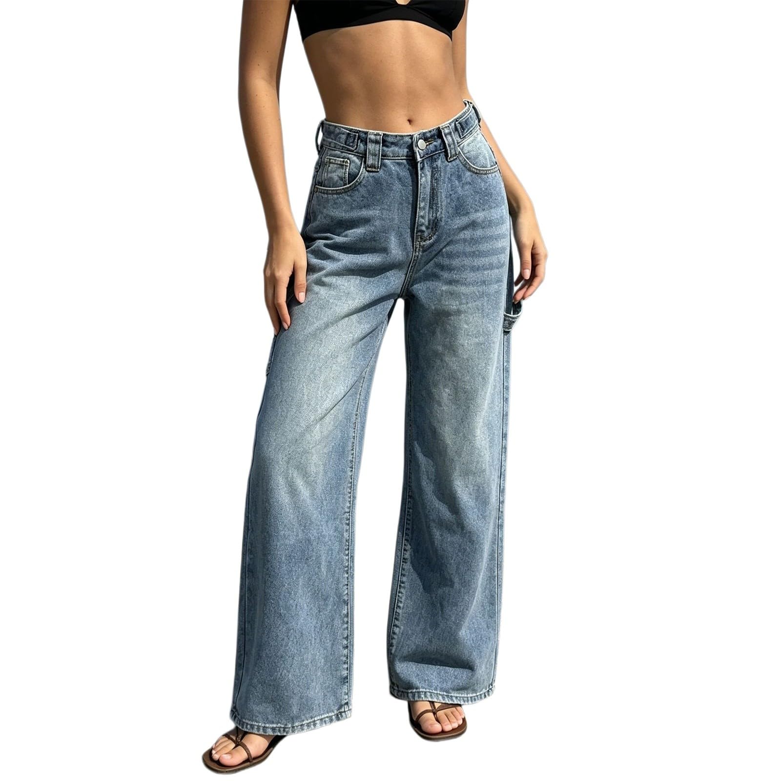 Damen Straight Leg Jeans Baggy Lang Weites Bein Jeanshosen Y2K | Große Größe Jeanshose Y2K Streetwear Casual Boyfriend Denimhose Moden Freizeithose Harajuku Sommerhose Für Teenager-Mädchen