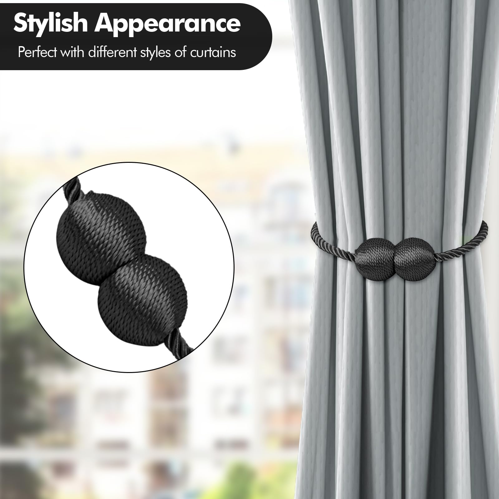 Lunhoo 2 Pack Magnetic Curtain Tiebacks, Curtain Holdbacks, Curtain Ties for Home Bedroom Office Decorative (Black) - Image 2