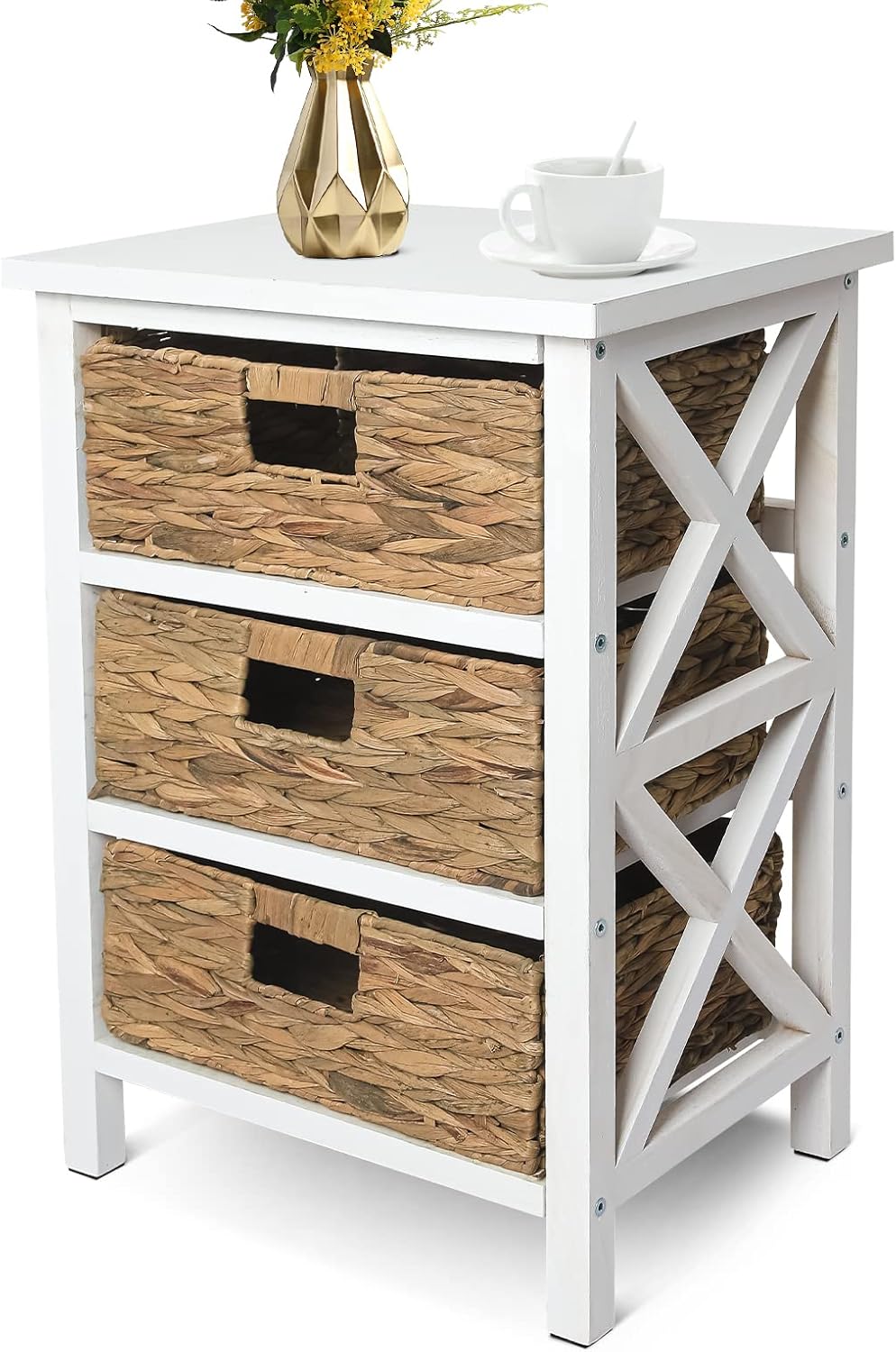 Nightstand with 3 Woven Basket Drawers, Storage