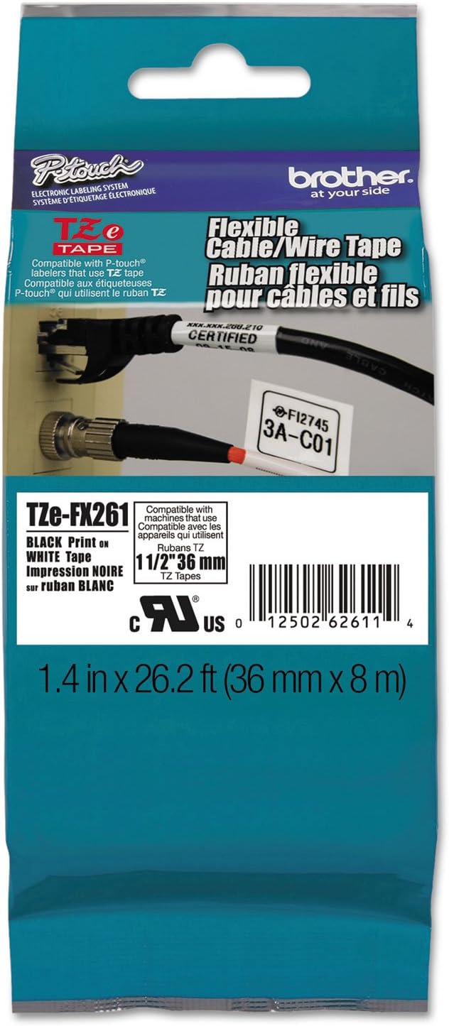 Brother Genuine P-touch TZE-FX251 Tape, 1" (0.94") Wide Flexible-ID Laminated Tape, Black on White, Best Suited for Wire Wrapping and Flagging, Water-Resistant, 0.94" x 26.2' (24mm x 8M), TZEFX251