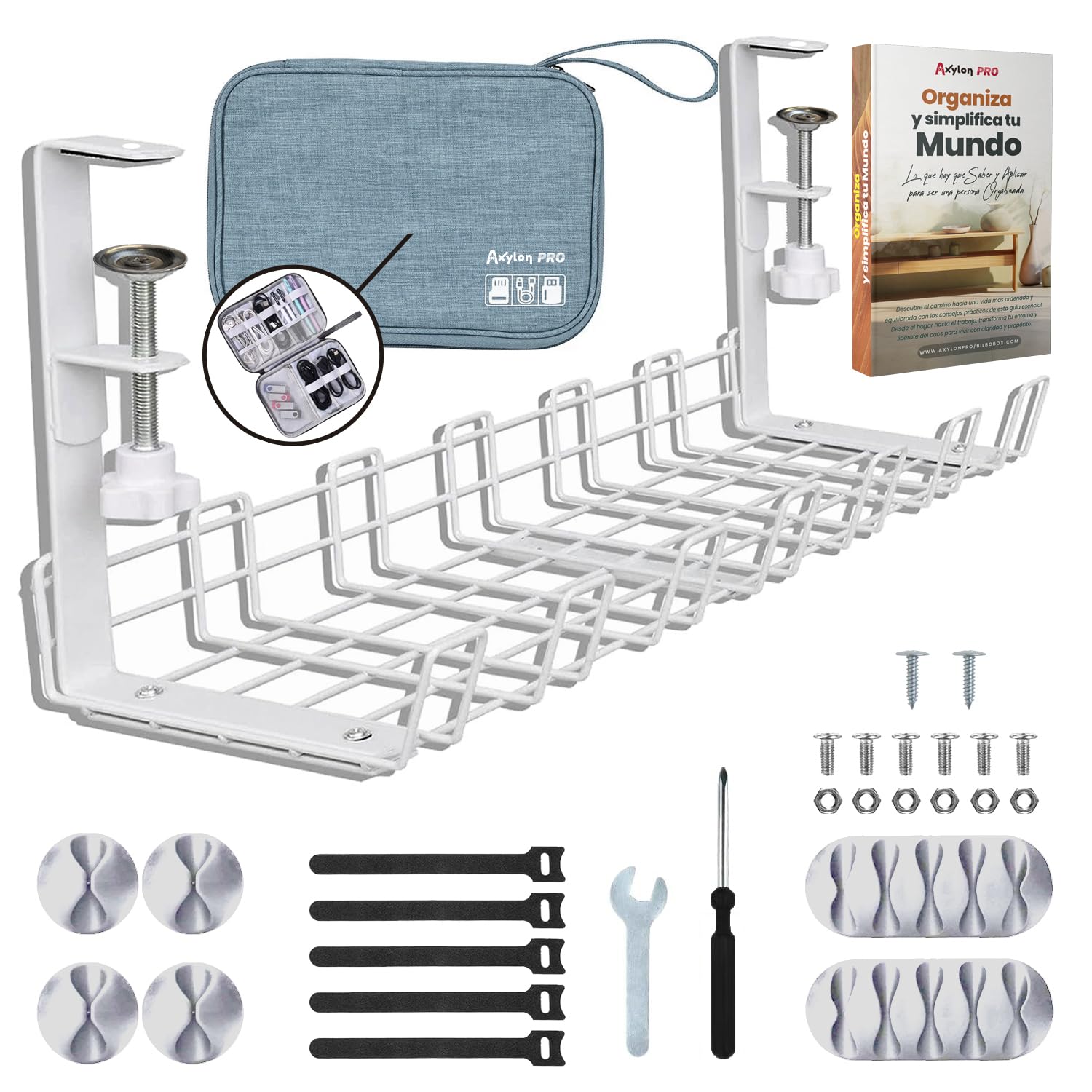 Organizador cables escritorio L con Organizador cables viaje portátil y Ebook sobre organización- Accesorios para ordenar cables - Accesorios viaje - Organizador de cables - Cable management (BLANCO)