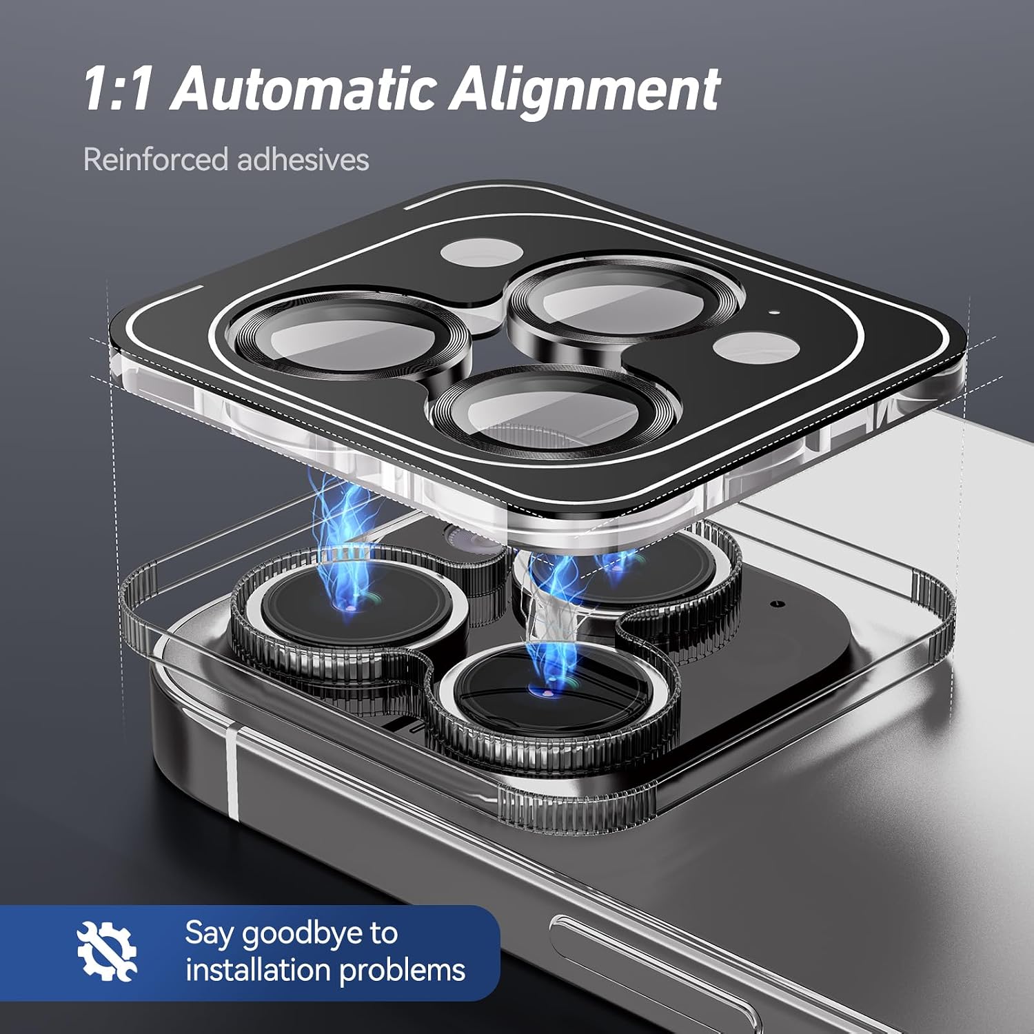 Jeluse Camera Lens Protector for iPhone 17 Pro Max/17 Pro/16 Pro Max/16 Pro/15 Pro Max/15 Pro/14 Pro Max/14 Pro, 9H Tempered Glass Screen Protector Cover Alignment Kit Metal Individual Ring image 2