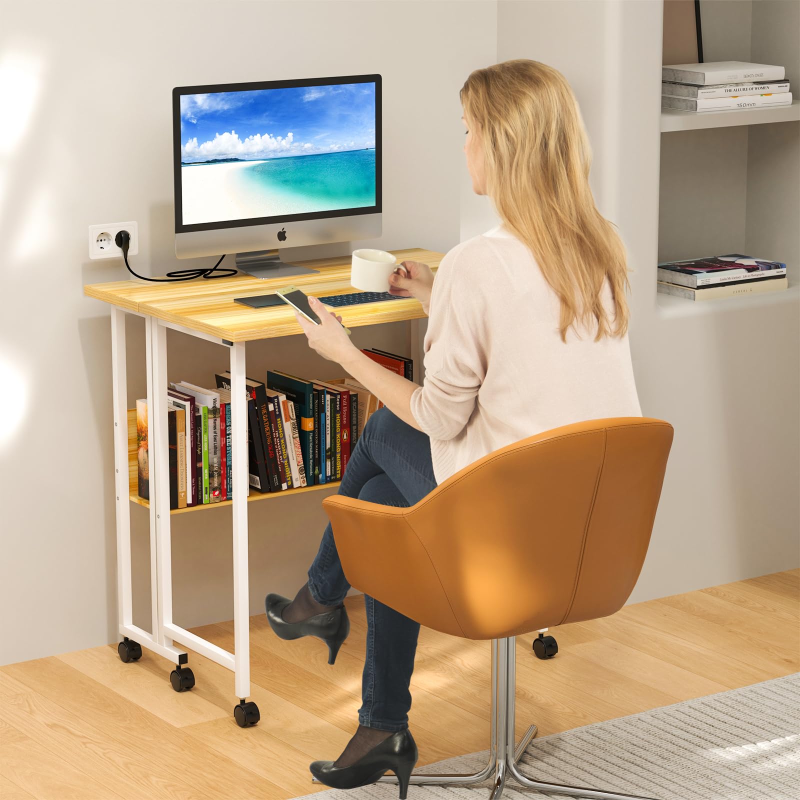 Scrivania pieghevole per computer con ruote, scrivania pieghevole con scaffali, salvaspazio, 80 x 58 x 75 cm, beige