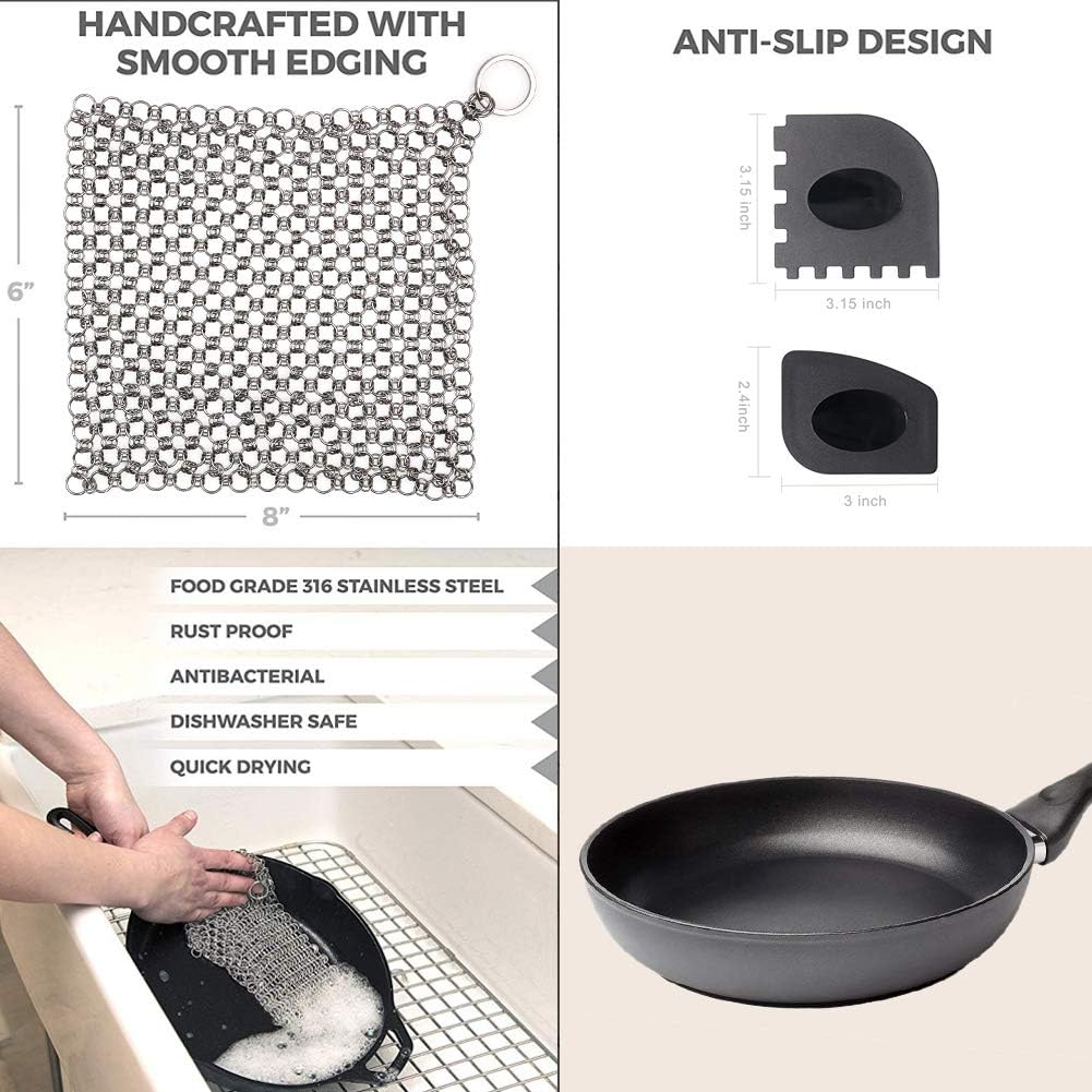 Exclusive Discount 50% Price Cast Iron Cleaner Scrubber,8x6 Premium 316L Stainless Steel Chainmail Scrubber with Pan Scrapers for Skillets Grill Pans-Hushtong