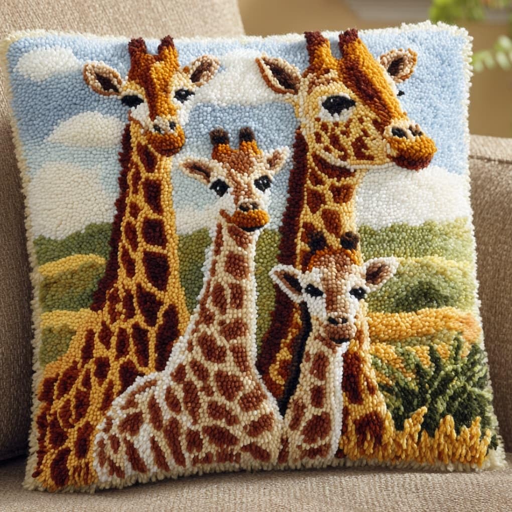 WallustrioaW Latch Hook Pillow Kit -Giraffe Family 43X43Cm Embroidery Art Craft Kit All Ages Unisex