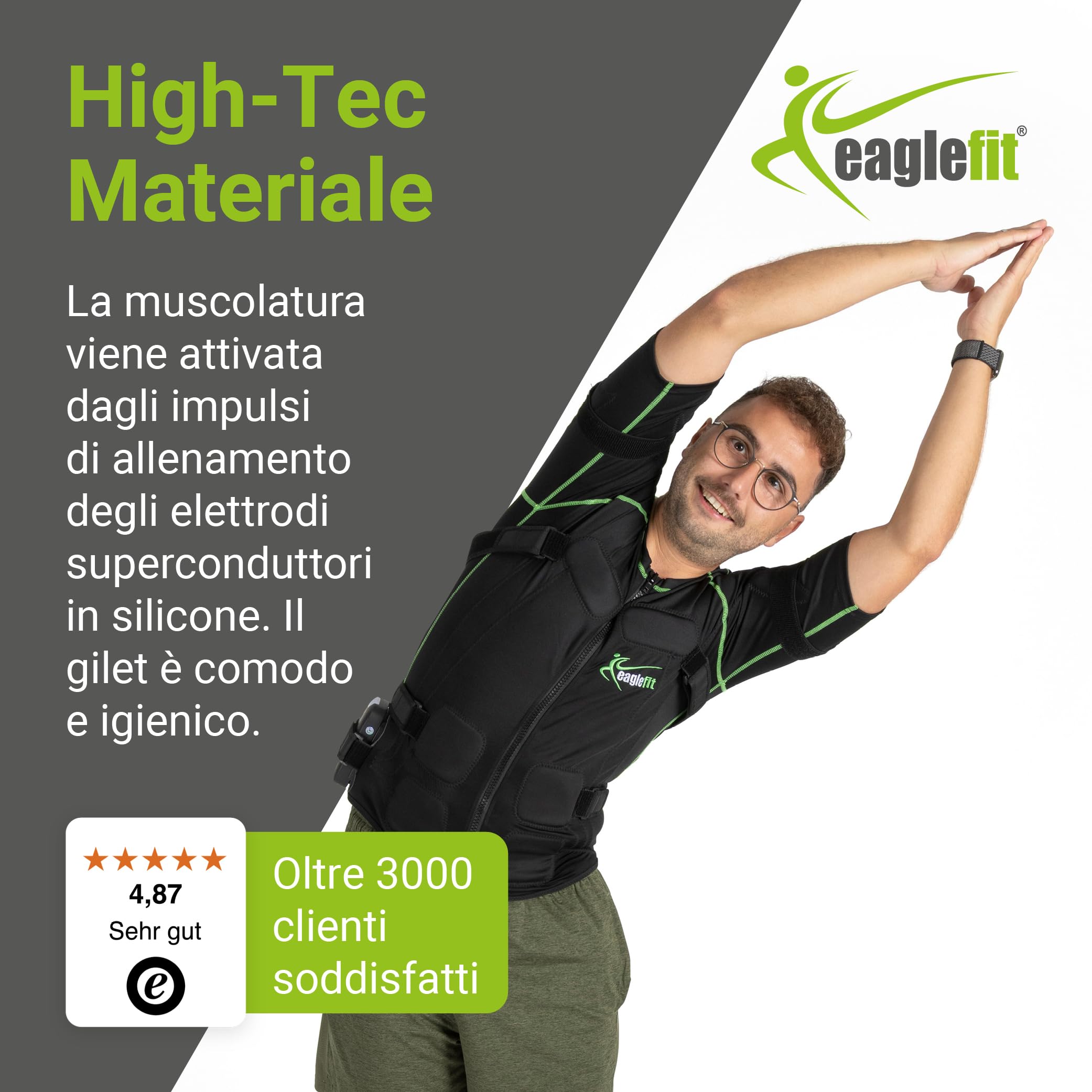 eaglefit Gilet EMS Sistema Completo con 18 Elettrodi – Allenamento Parte Superiore a Casa – Trainer Addominali e Schiena, Sviluppo Muscolare, Elettrostimolazione per Donna e Uomo con App e Centralina