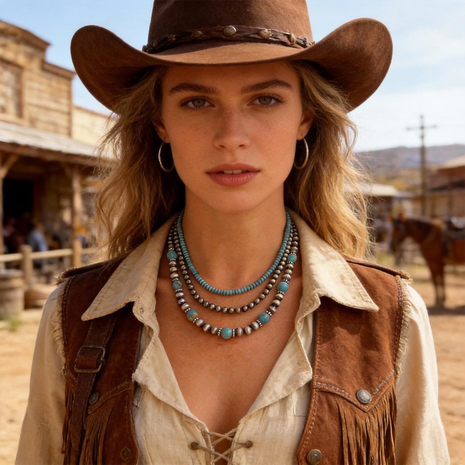 Navajo Pearl Necklace Western Jewelry for Women Navajo Pearls Earrings Boho Beaded Turquoise Necklace Vintage Jewelry Layered Necklaces Country Concert Outfits for Women - Image 7