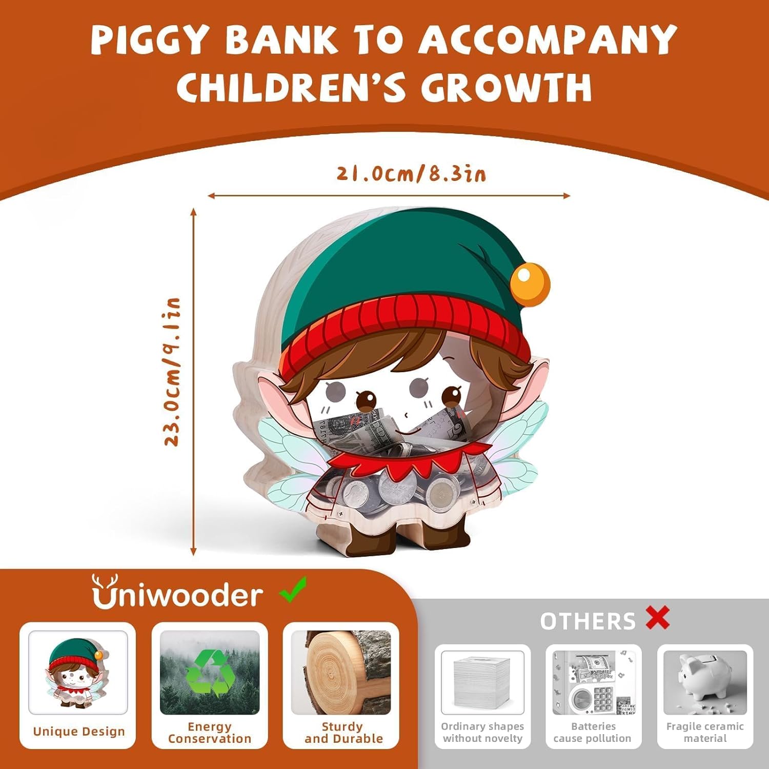 Wooden Fairy Piggy Bank for Kids, Unbreakable Garden Fairy Kids Coin Bank with Letter Sticker, Large Toddler Money Jar, Easter Birthday Gifts for Boys Girls, Educational Toys Room Decor