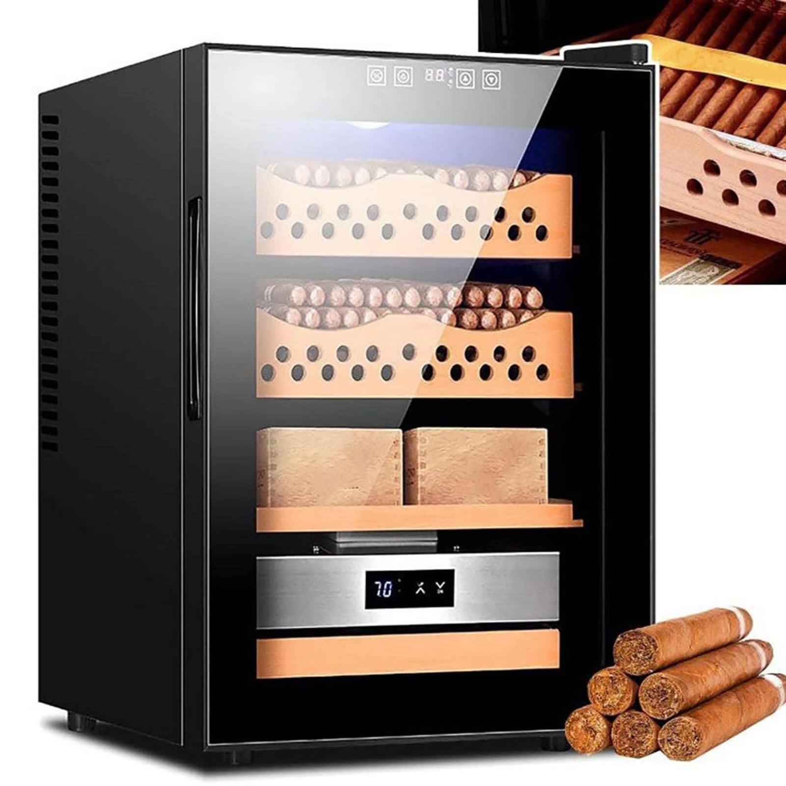 Zigarren-Humidorschrank, elektrischer Humidorkühler mit Zedernfutter, intelligente Temperaturregelung, 4 Schichten, ideal für Zigarrenaufbewahrung, 11-18 °C, perfekt für Enthusiasten