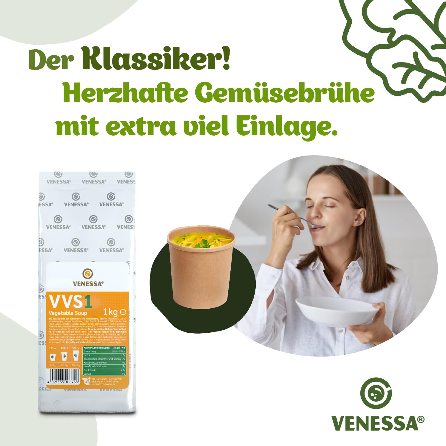 Venessa VVS1 Sopa de verduras 10 x 1 kg - Fresco y fino - Sabor vegetal natural - Soluble, sin grumos - Adecuado para todas las máquinas de café Vending, oficinas, autoridades