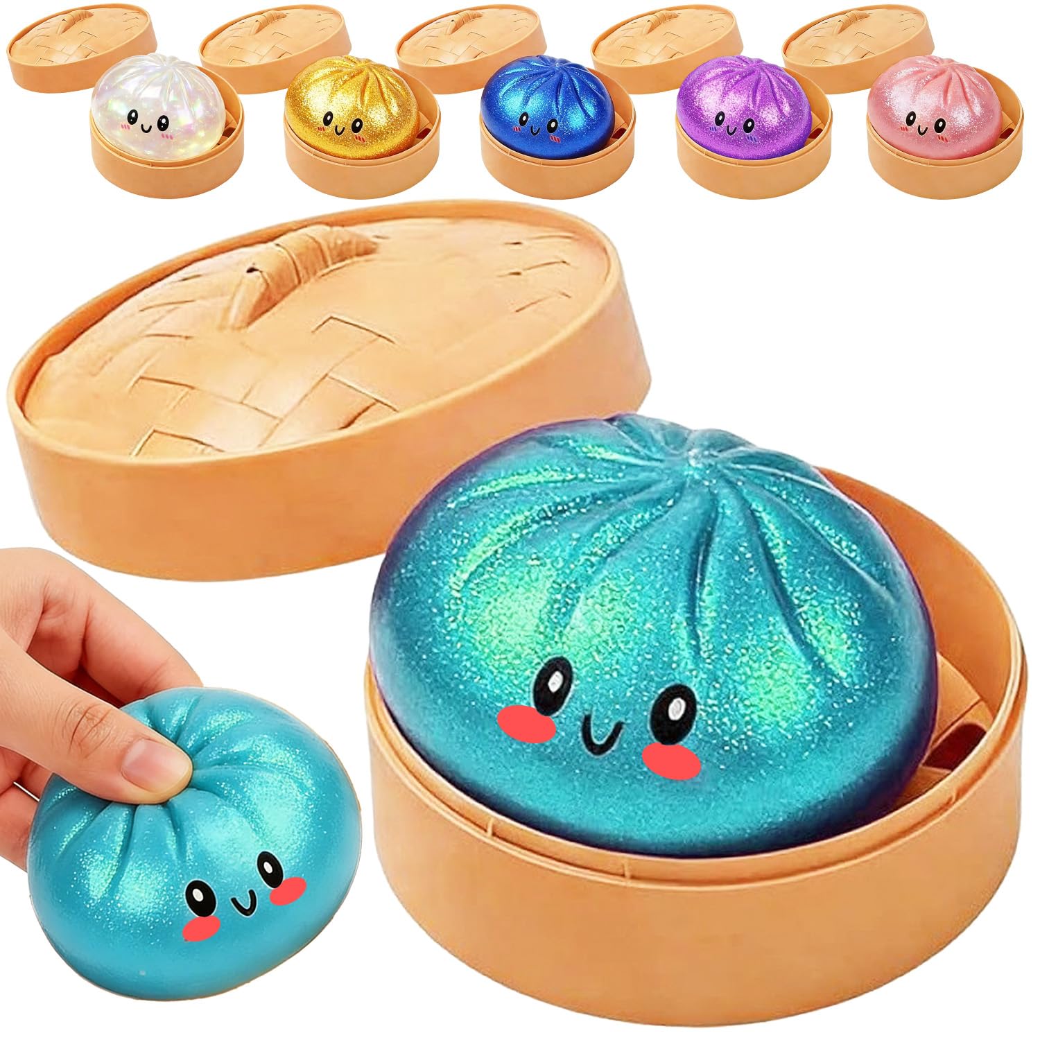 Dumpling Squishy Toy, New Cute Glitter Dumpling Squishy Ball with Plastic Steamer Box, Giant Mystery Dumpling Squishy, Sensory Anxiety Relief Squeeze Toy for Kids & Adults Ages 3+ (Glitter Blue2)