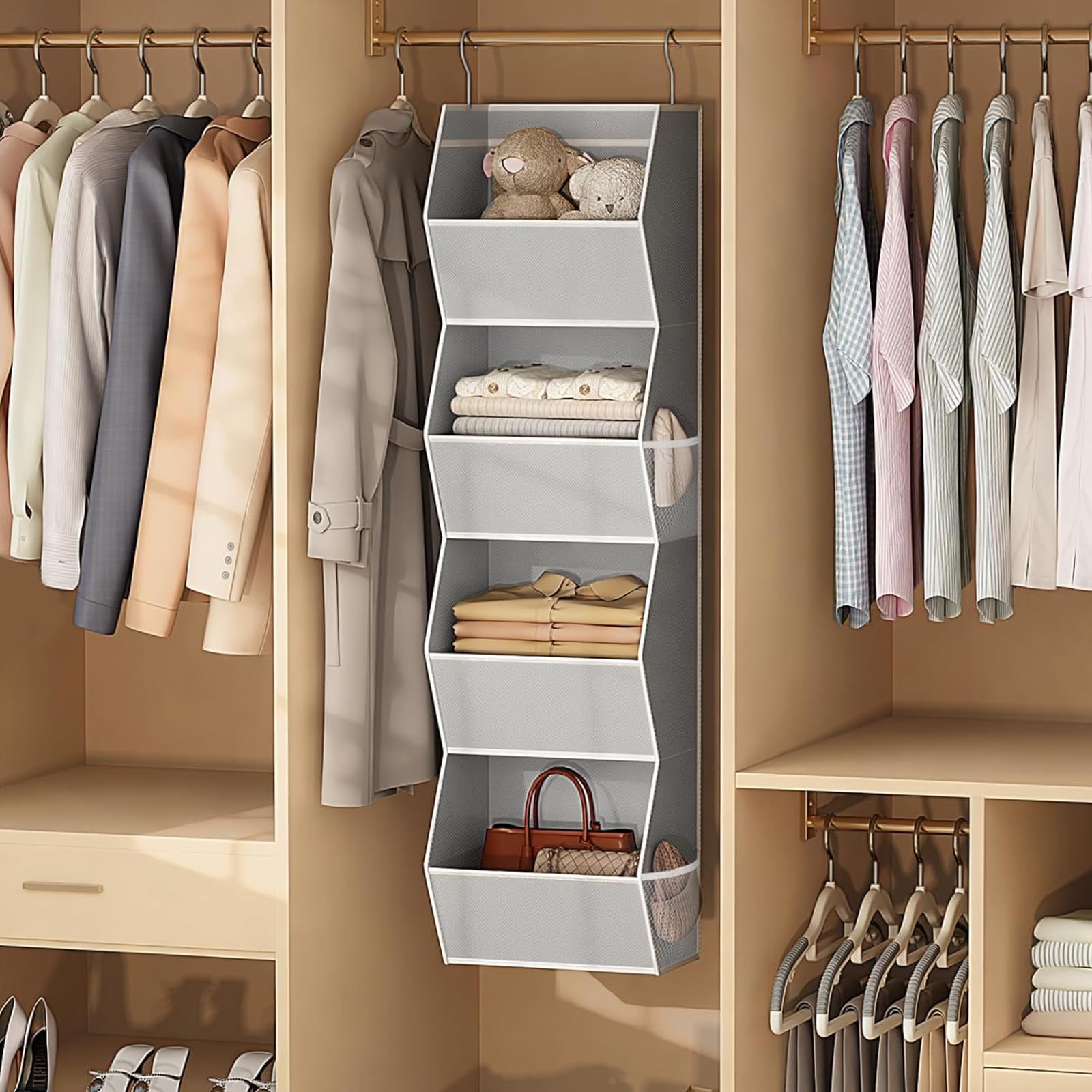 Organizador vertical de almacenamiento para colgar en espacios reducidos, estantes ajustables para armario de dormitorio, ahorro de espacio compacto para ropa y accesorios