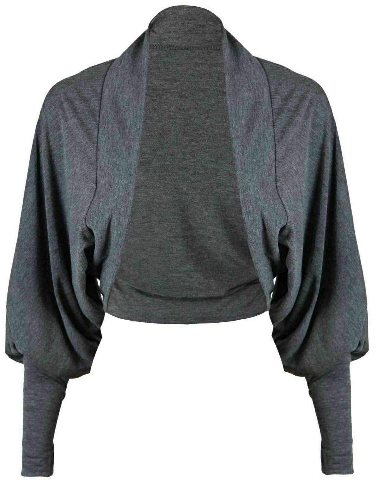 FAIRY BOUTIQUE Ladies Batwing Shrug Cropped Cardigan Long Sleeve Plain Jersey Bolero Top Cardigan (Charcoal UK 8-10)