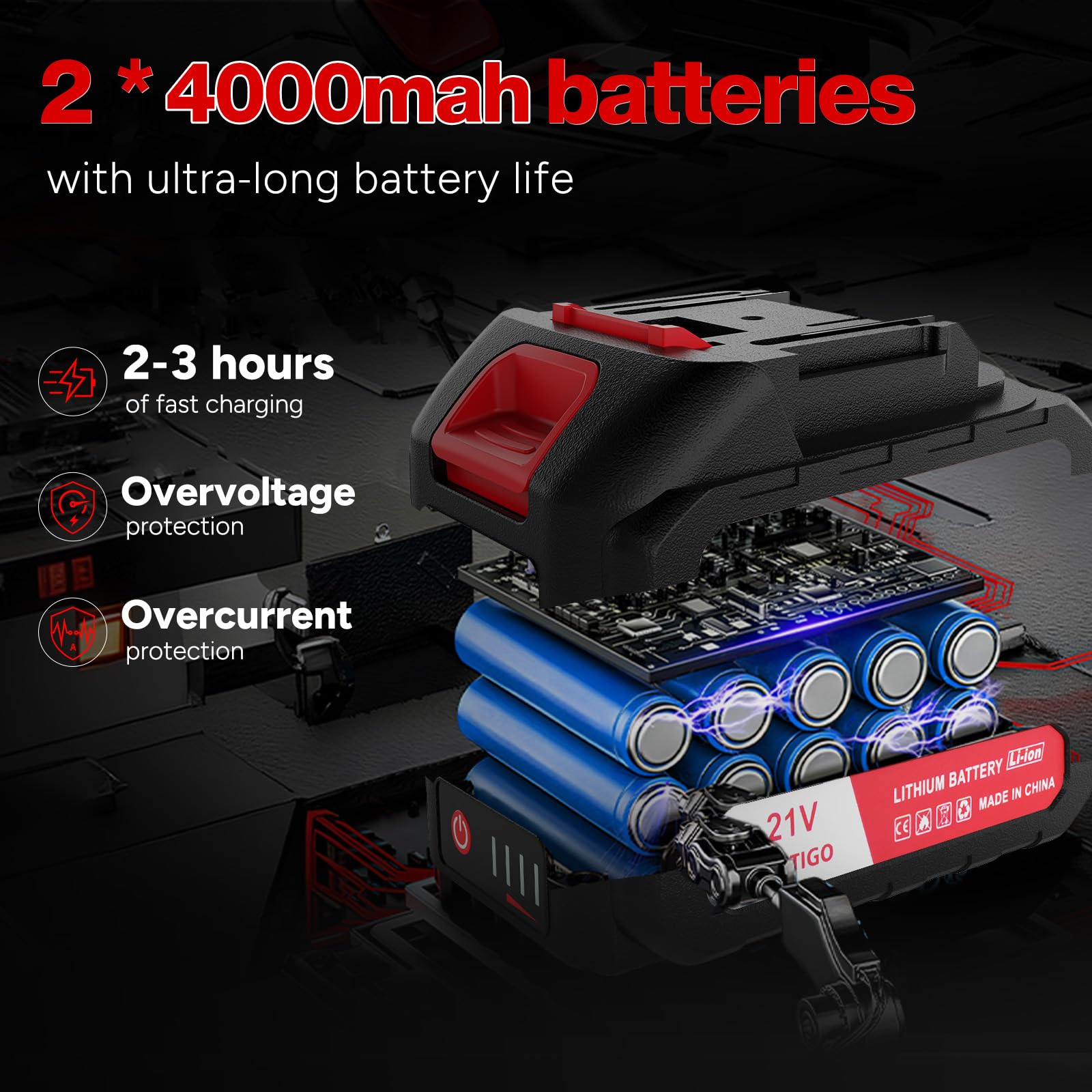 OUTIGO Motosega senza fili, motosega elettrica alimentata a batteria, on 2 batterie da 4000 mAh, 4 catene e 3 barre di guida, motosega portatile manuale, adatta al taglio del legno