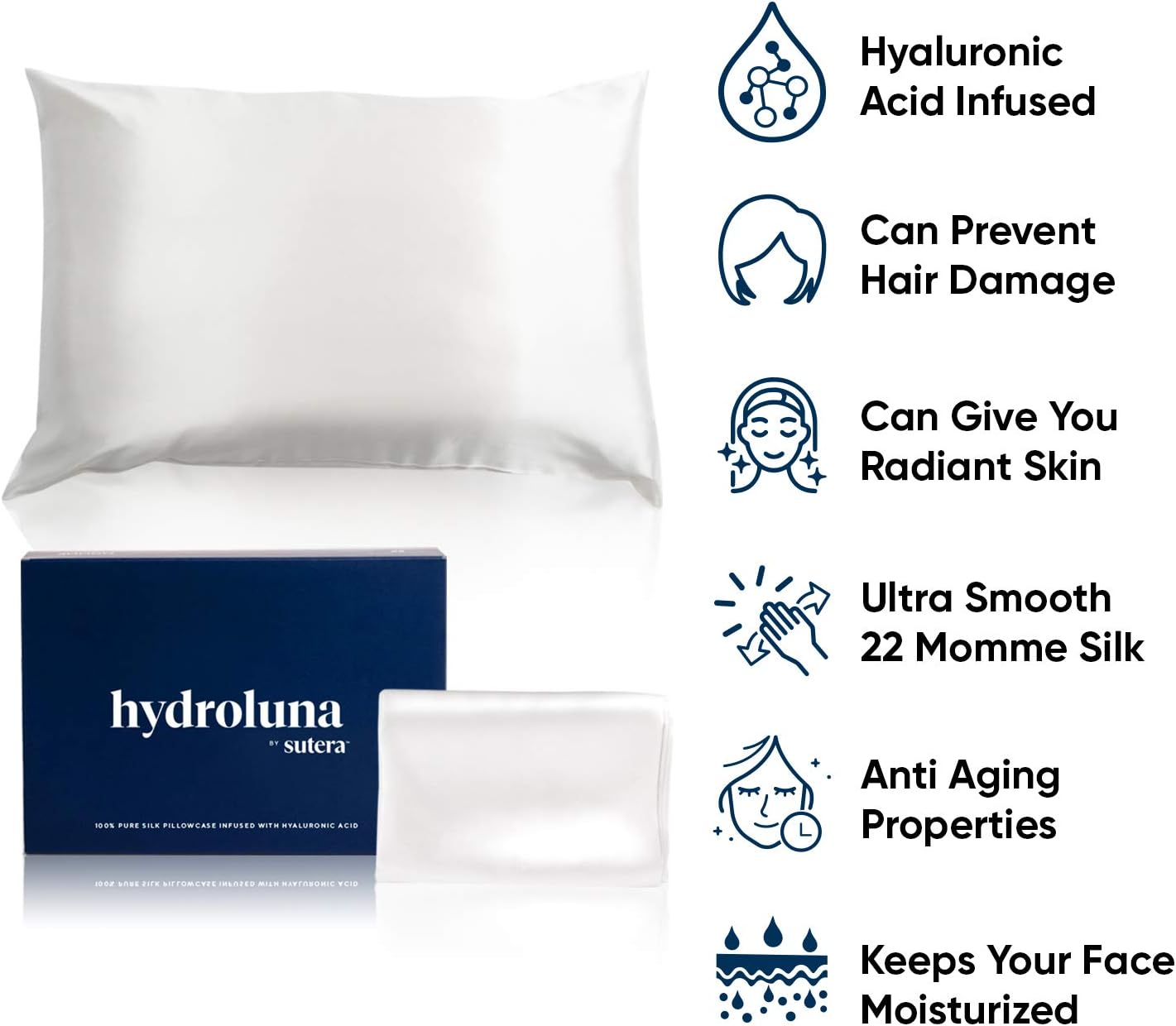SUTERA - Hydroluna 100% Mulberry Silk Pillowcase for Hair and Skin Health, 22 Momme Premium Fiber Infused with Hyaluronic Acid, Soft Super Smooth Silk Pillow Cover, Zipper Closure (White1Pcs)