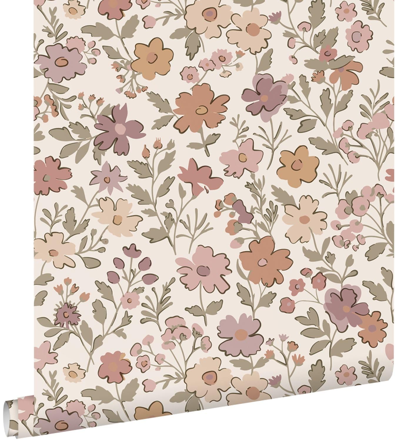 papier peint fleurs mauve violet, vert grisé et terracotta 53 cm x 10.05 m - ESTAhome
