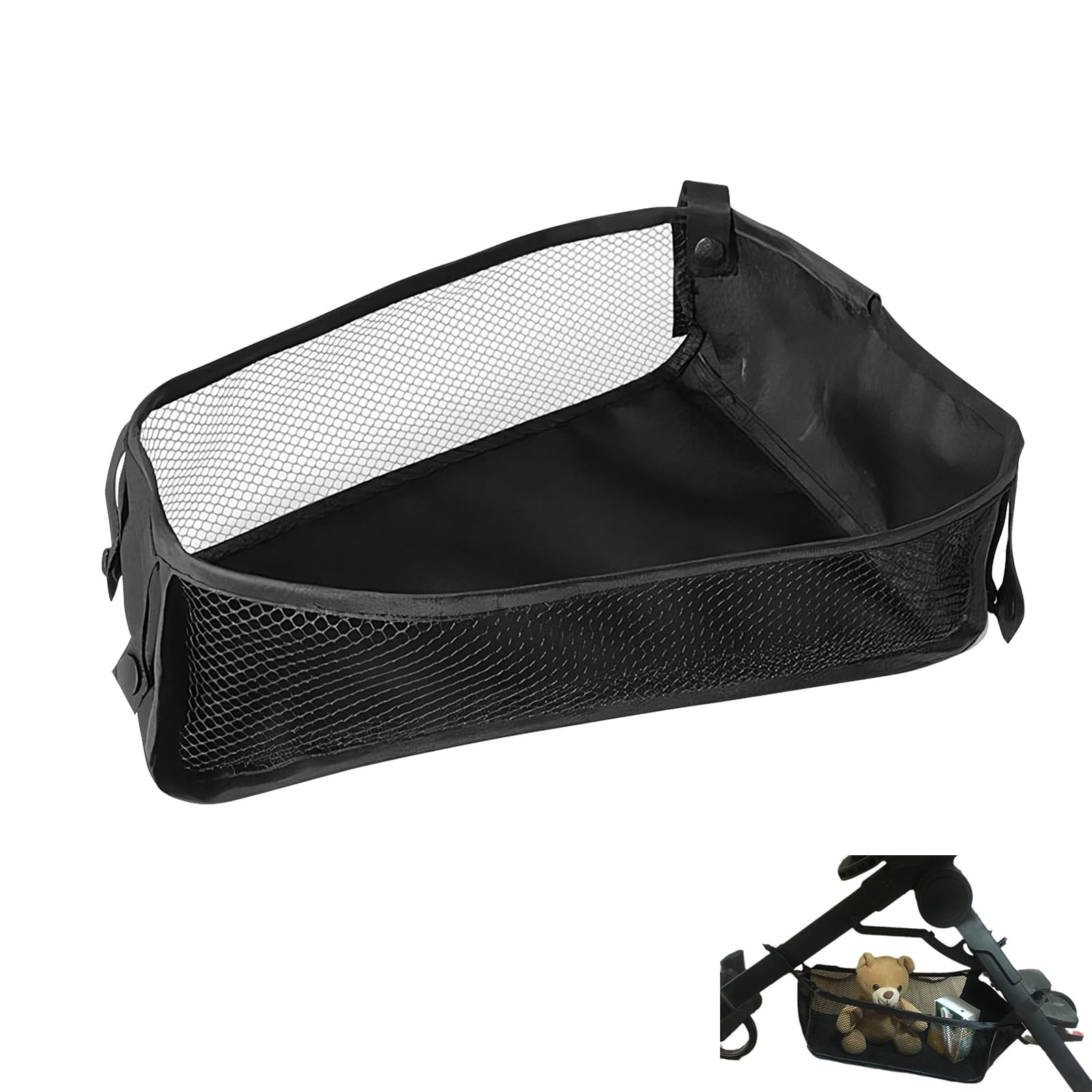 Cestino per Passeggino, Borsa a Rete Portatile per Passeggino, Carrozzina Cestino Inferiore, Borsa Portaoggetti Universale, Fondo da Appendere del Passeggino, per Riporre Prodotti Del Bambino, Nero