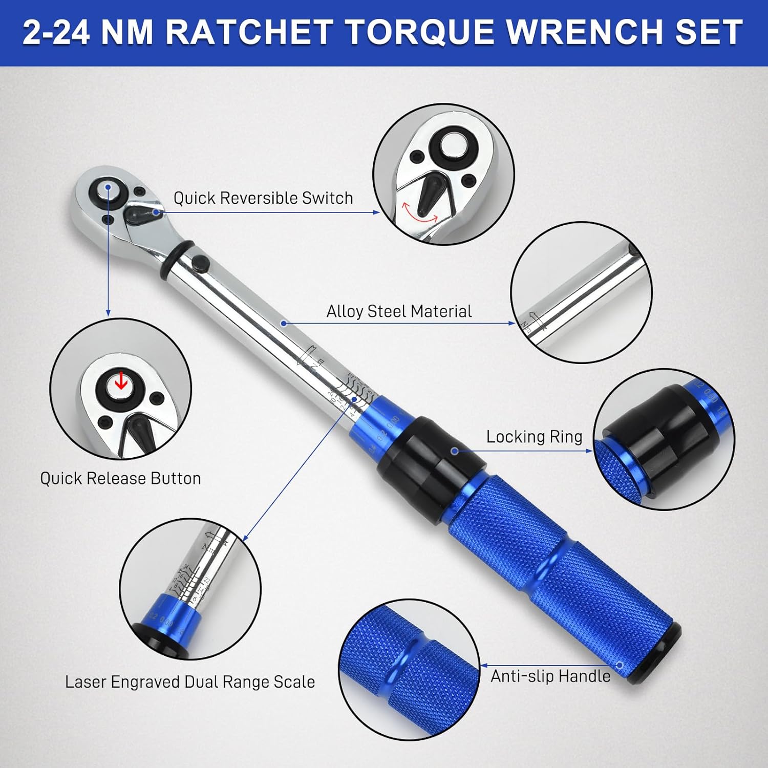 15pcs Torque Wrench Set, 1/4 inch Drive Click Torque Wrench 17.7-212.4in.lb / 2-24Nm 72 -Tooth Ratchet with Quick Release Head for Bike Maintenance Car Repair (15)