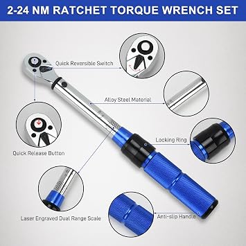 15pcs Torque Wrench Set, 1/4 inch Drive Click Torque Wrench 17.7-212.4in.lb / 2-24Nm 72 -Tooth Ratchet with Quick Release Head for Bike Maintenance Car Repair (15)