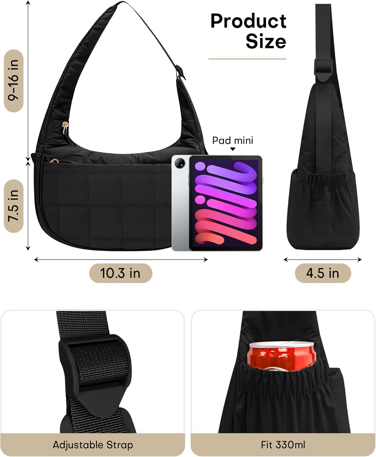 1 Crescent Nylon Shoulder Bag Bundles with 1 Crossbody Water Bottle Holder, Black &Black