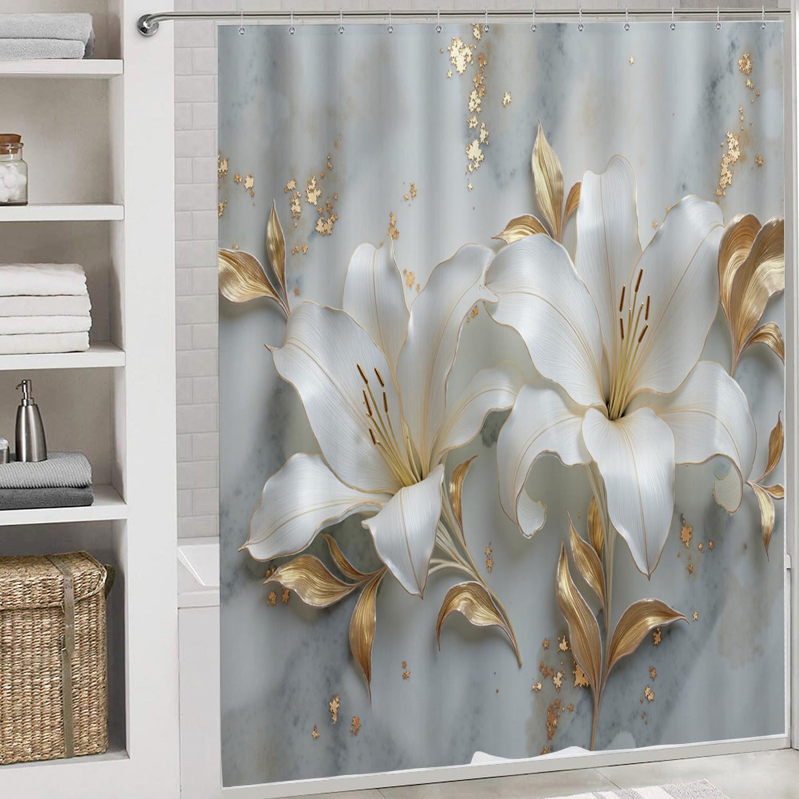 Rideau Douche,Rideau Baignoire Lavable en Machine Rideaux Douche Tissus Lavable Rideau De Baignoire Lavable pour Salle De Bain Domicile Baignoire Famille,Lys Marbré,