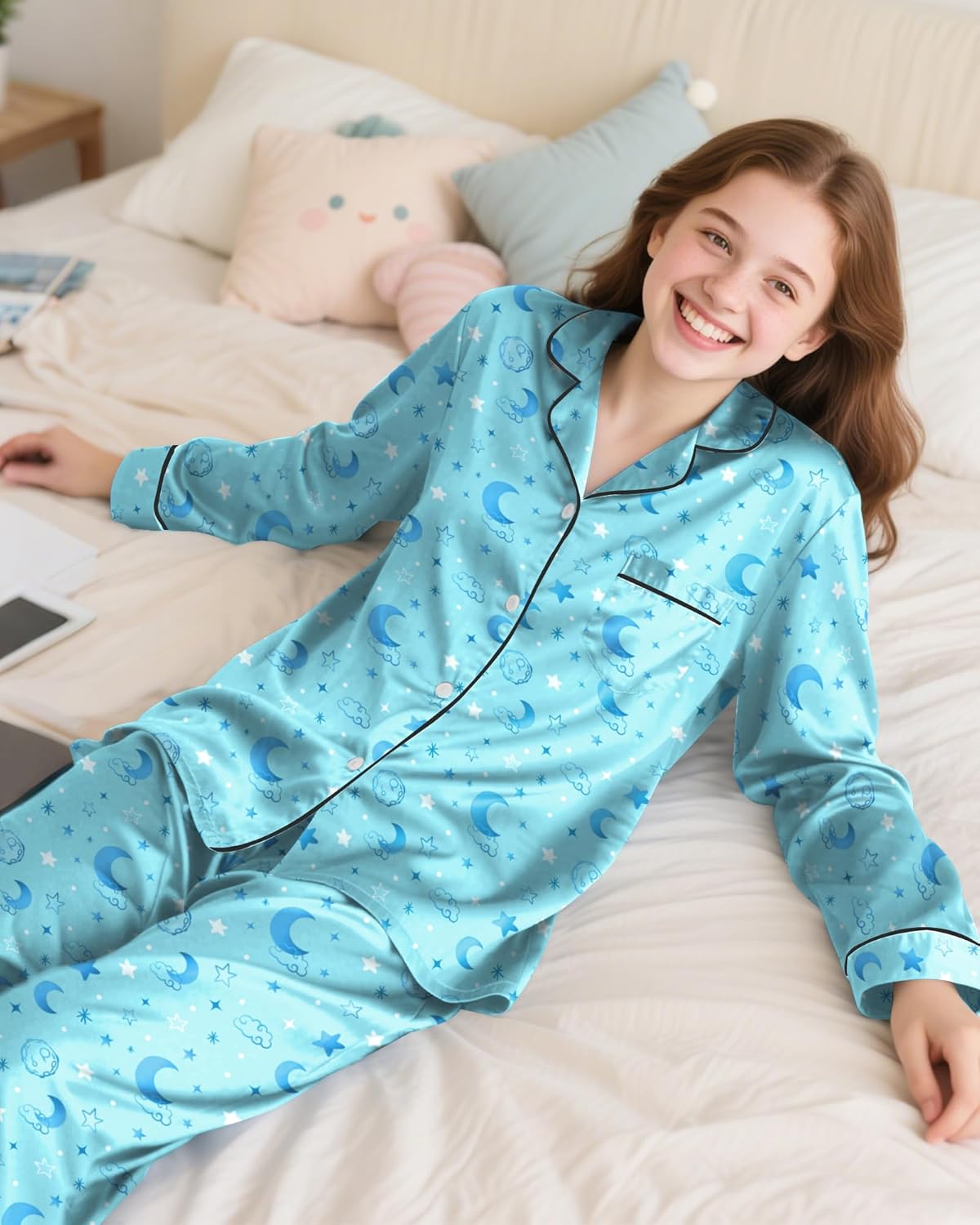 Sylfairy Girls Pajamas Silk PJS Set Satin Sleepwear Long Sleeve Jammies for Kids Button-Down Nightwear Loungewear 3-16 Years - Image 3