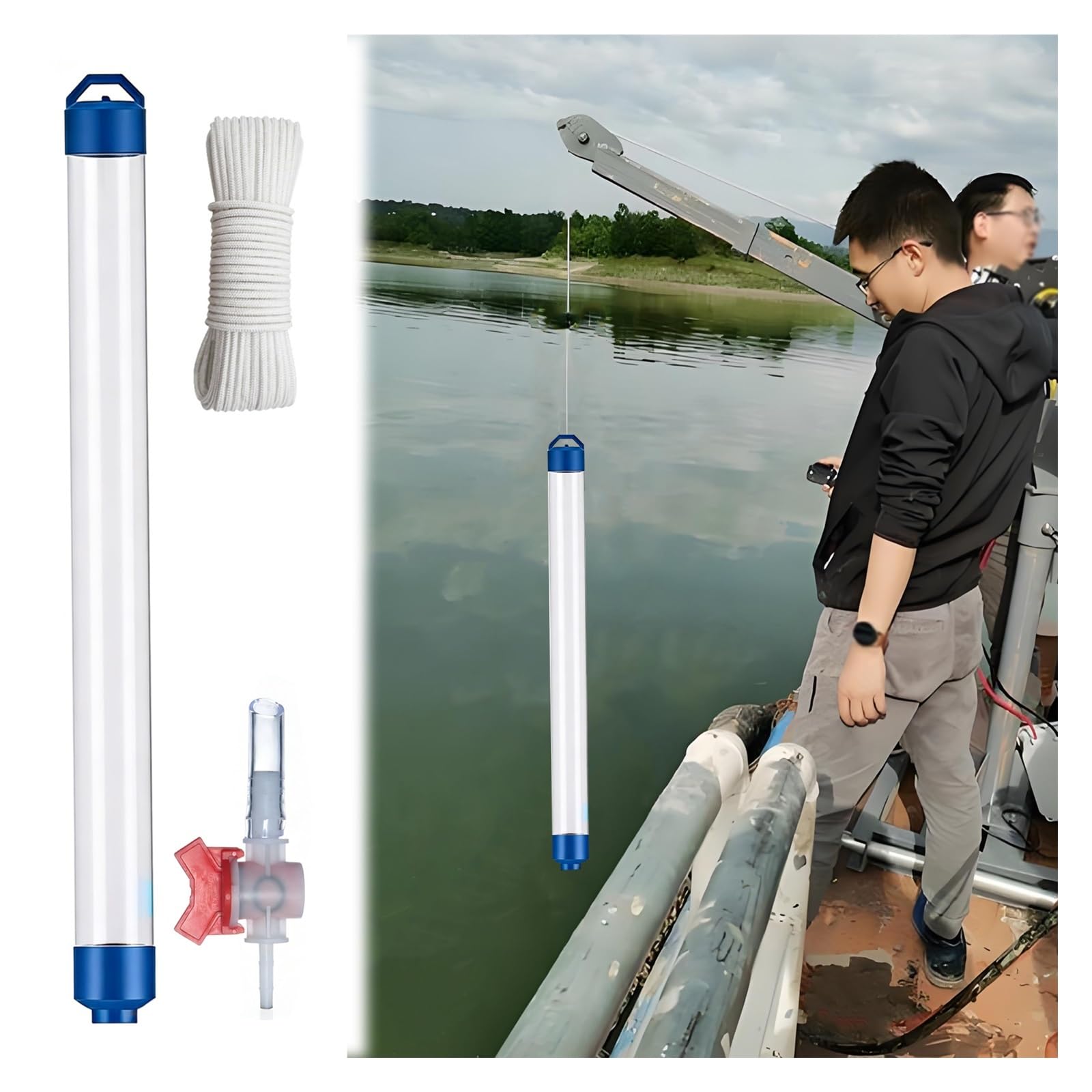 MZZKFC Groundwater Bailer Sampler with Throttling Valve & 32.8ft Rope, Reusable Well Water Sampling Tube Environmental Monitoring, PVC Water Sampling Dipper(1 L)
