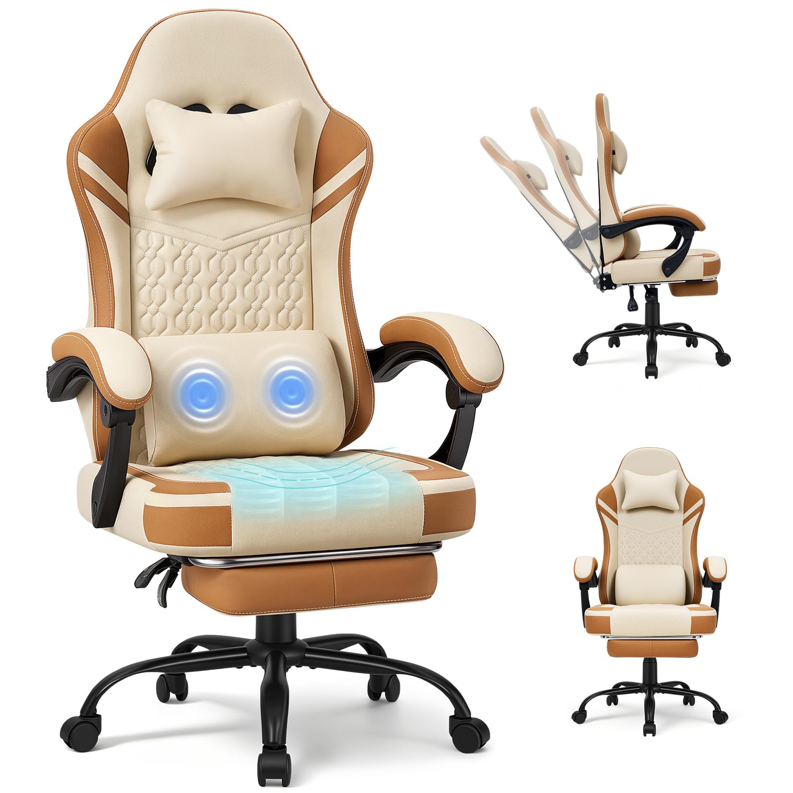 Warmiehomy Fabric Gaming Chairs for Adults with Footrest and Massage, Khaki