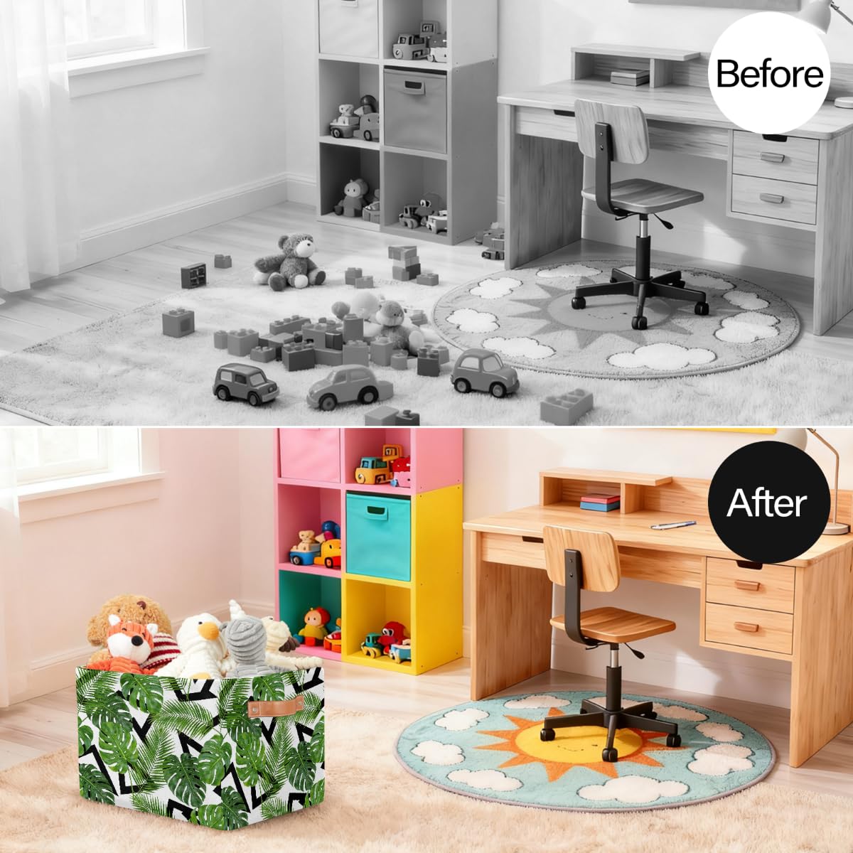 Rechteckiger Aufbewahrungskorb mit Ledergriffen, moderner Kunst-Stil, Palmenblätter, 2 Stück, faltbarer Stoff-Aufbewahrungskorb für Schrank, Badezimmer, Wohnzimmer, Büro, Spielzeug, Organizer