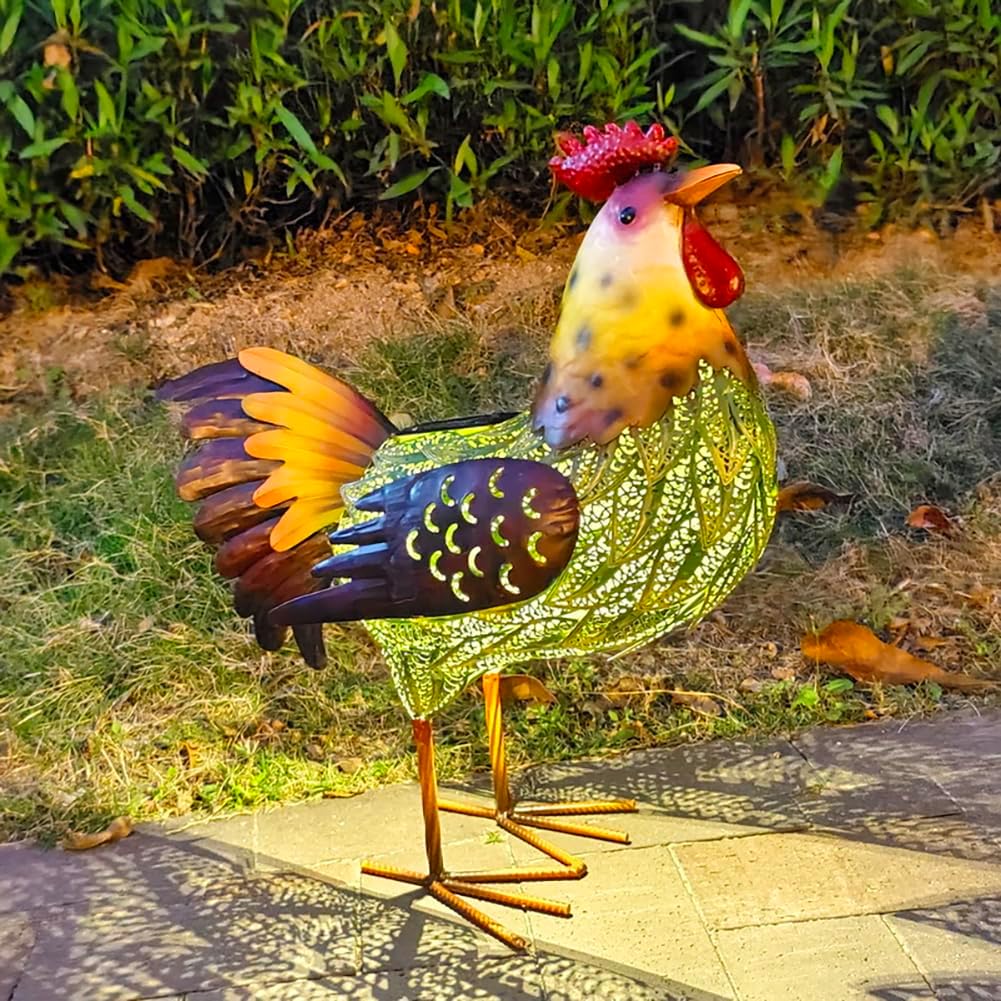 Solar Lights Animal Statue Metal Sculpture Rooster Ornaments Garden Decoration Metal Yard Art for Patio Lawn Backyard Outdoor Decoration (CS023)
