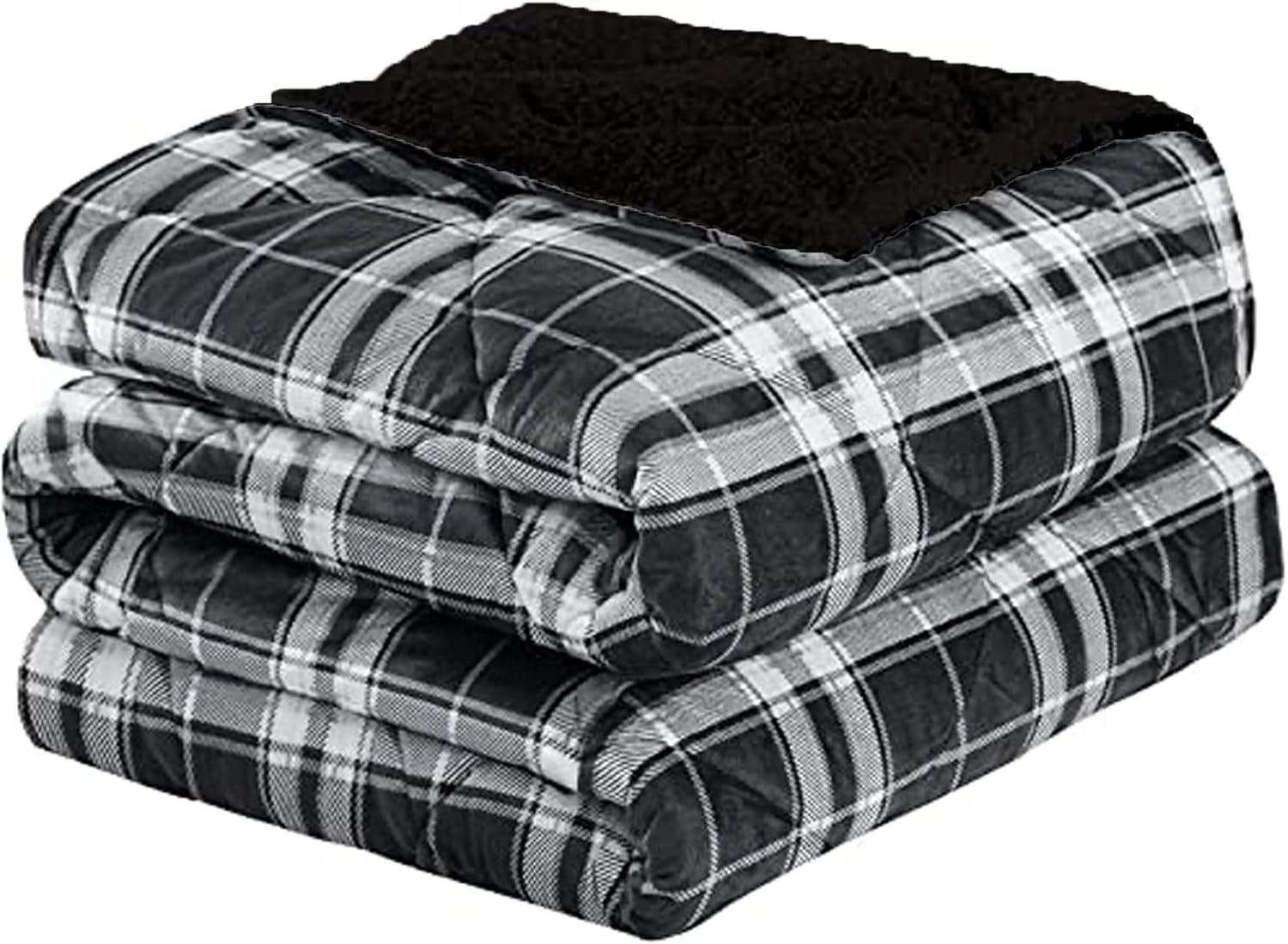 Comfort Spaces Aaron Sherpa Comforter and Throw Combo Set, Ultra Softy Fluffy Warm Checker Plaid Pattern Cold Weather Bedding, Full/Queen(90"x90"), Black 4 Piece