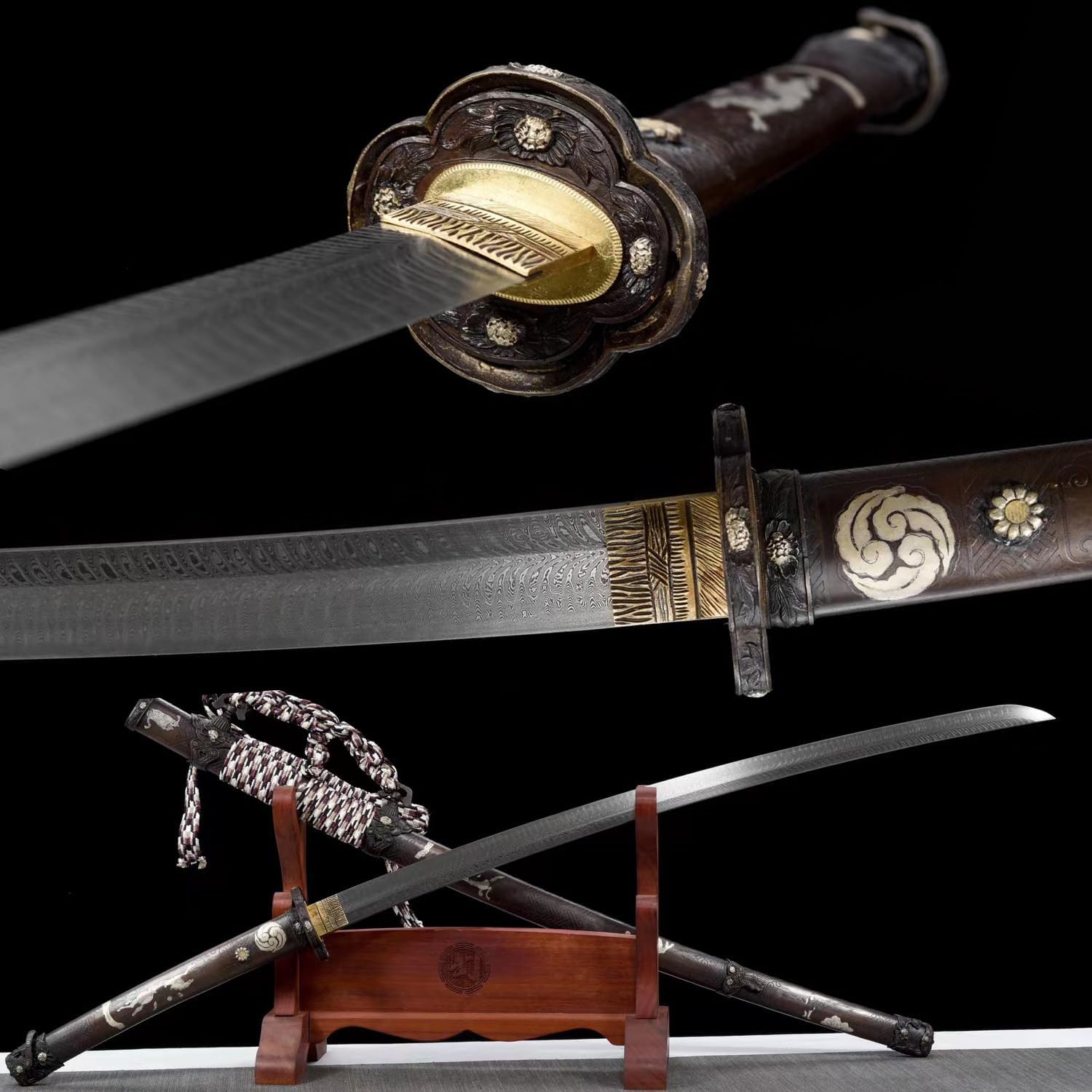 HERO SWORD Handmade Warrior Tachi Sword Real Combat Sharp Damascus Steel Full Tang Samurai Sword Authentic Copper Scabbard Japanese Sword Cool Weapon for Mens