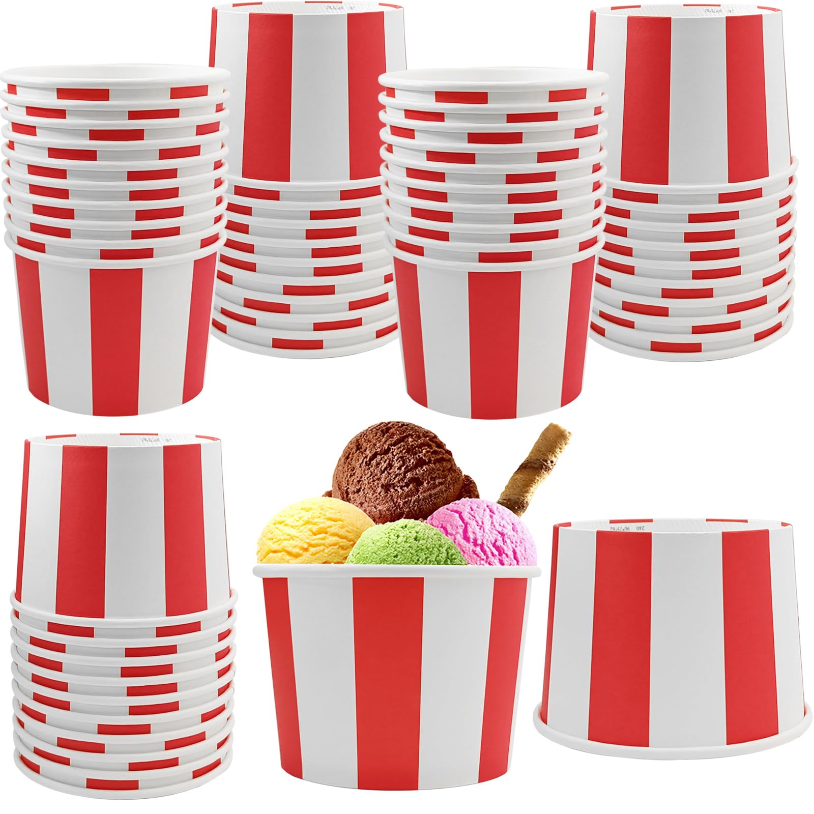 EaciTown 50 Pcs Red White Striped Ice Cream Cups Disposable Paper Snack Bowls 9oz Circus Carnival Paper Dessert Containers For Hot Or Cold Soup Yogurt Christmas Food Containers
